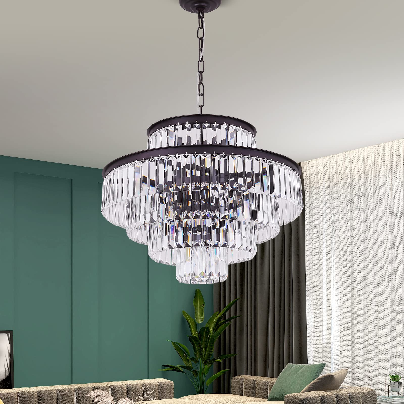 Modern Crystal Chandeliers Brown Round 24 inch Lights & Hanging Classic, Pendant Ceiling Chandelier Lighting Fixture 5-Tier for Dining Room Living Room Bed Room Entryway