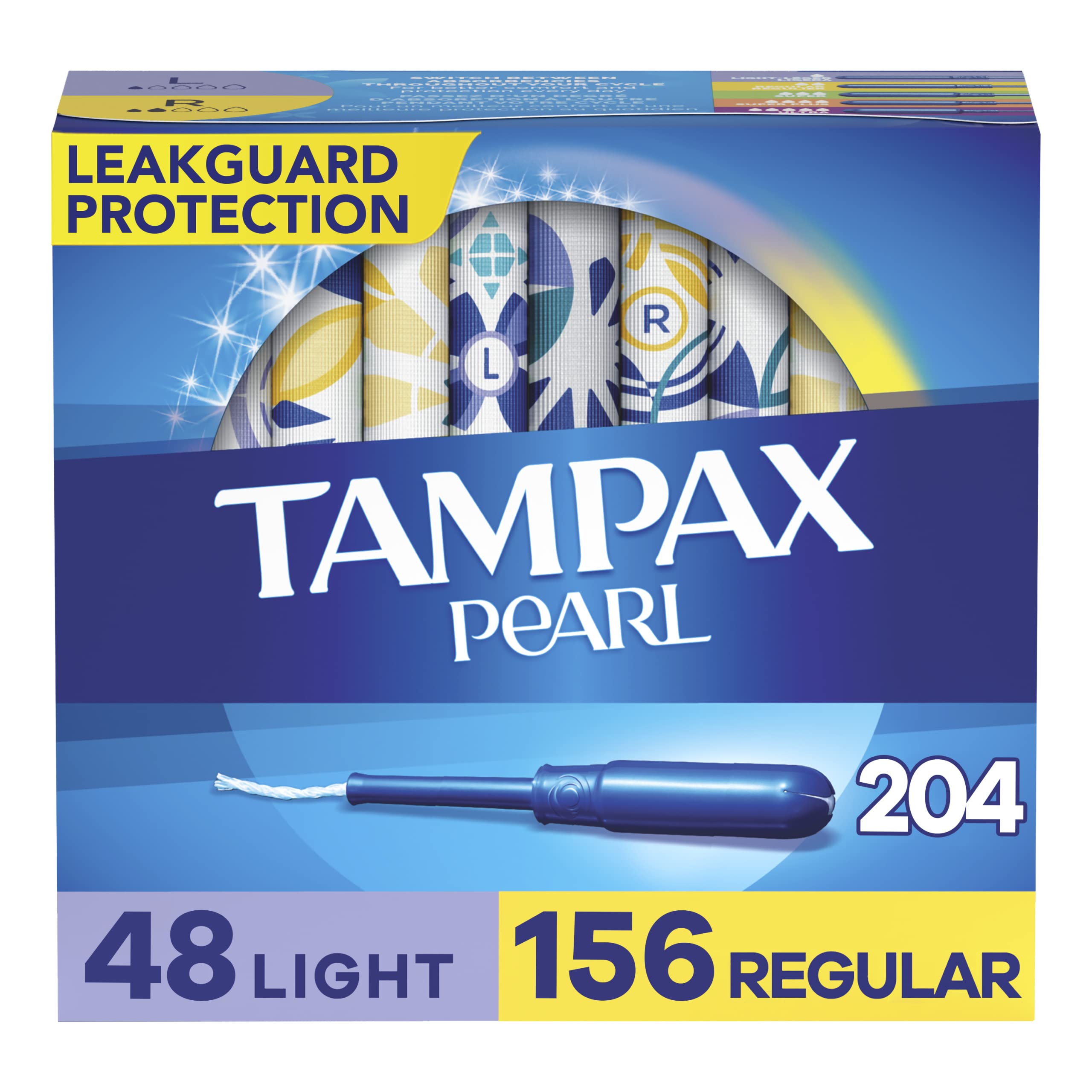 Tampax Pearl Tampons Multipack, Light/Regular Absorbency, With Leakguard Braid, Unscented, 34 Count X 6 Packs (204 Count Total)