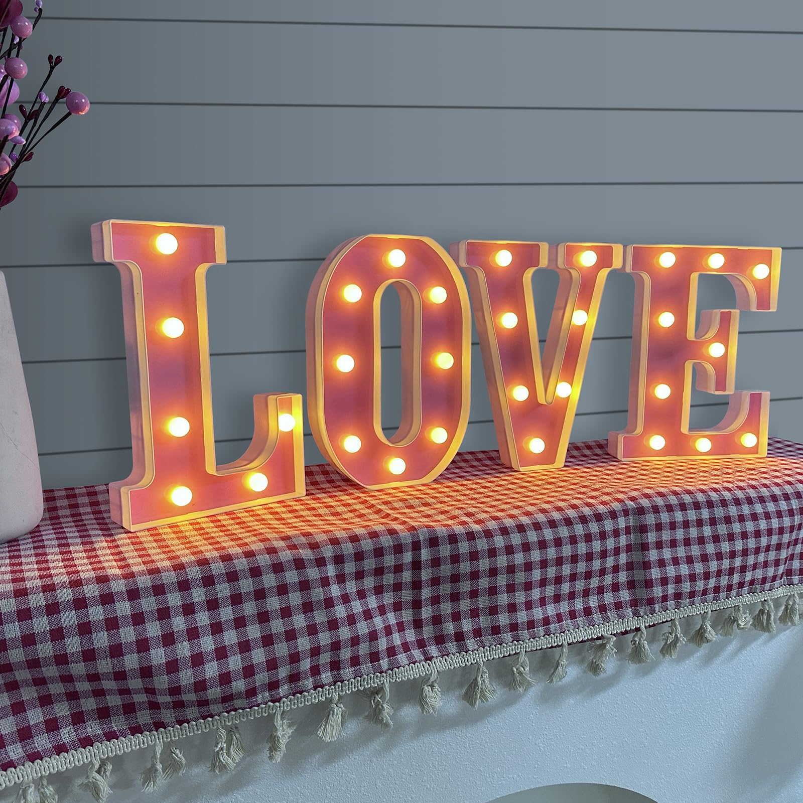 Valentines Day Decorations -4 LED Marquee Light Up Letters "LOVE" for Home Valentines Shelf Mantel Fireplace Tabletop Wedding Party Decorations