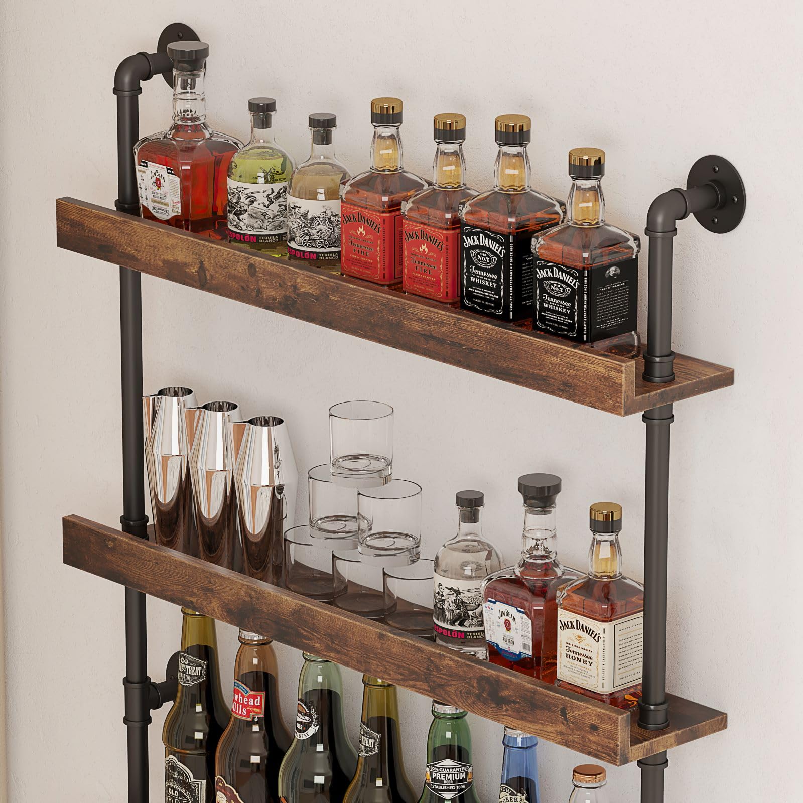 Woskar 5-Tier Wall Mounted Wine Rack, Industrial Pipe Bar Shelf for Wine Bottle Storage, Industrial Pipe Shelves Shelf Shelving for Home Bar Dining Room Kitchen (40" W x 79" H x 8.6" D)
