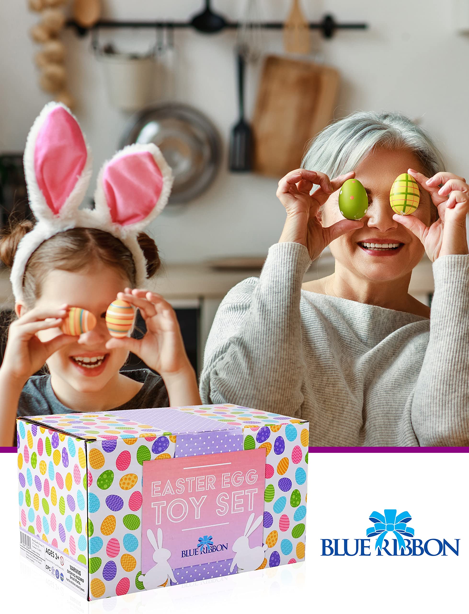 BLUE RIBBON Easter Eggs, 48 Pieces, Filled Surprise, Colorful Prefilled with Different Kinds of Little Toys, Perfect for Kids, Basket Fillers