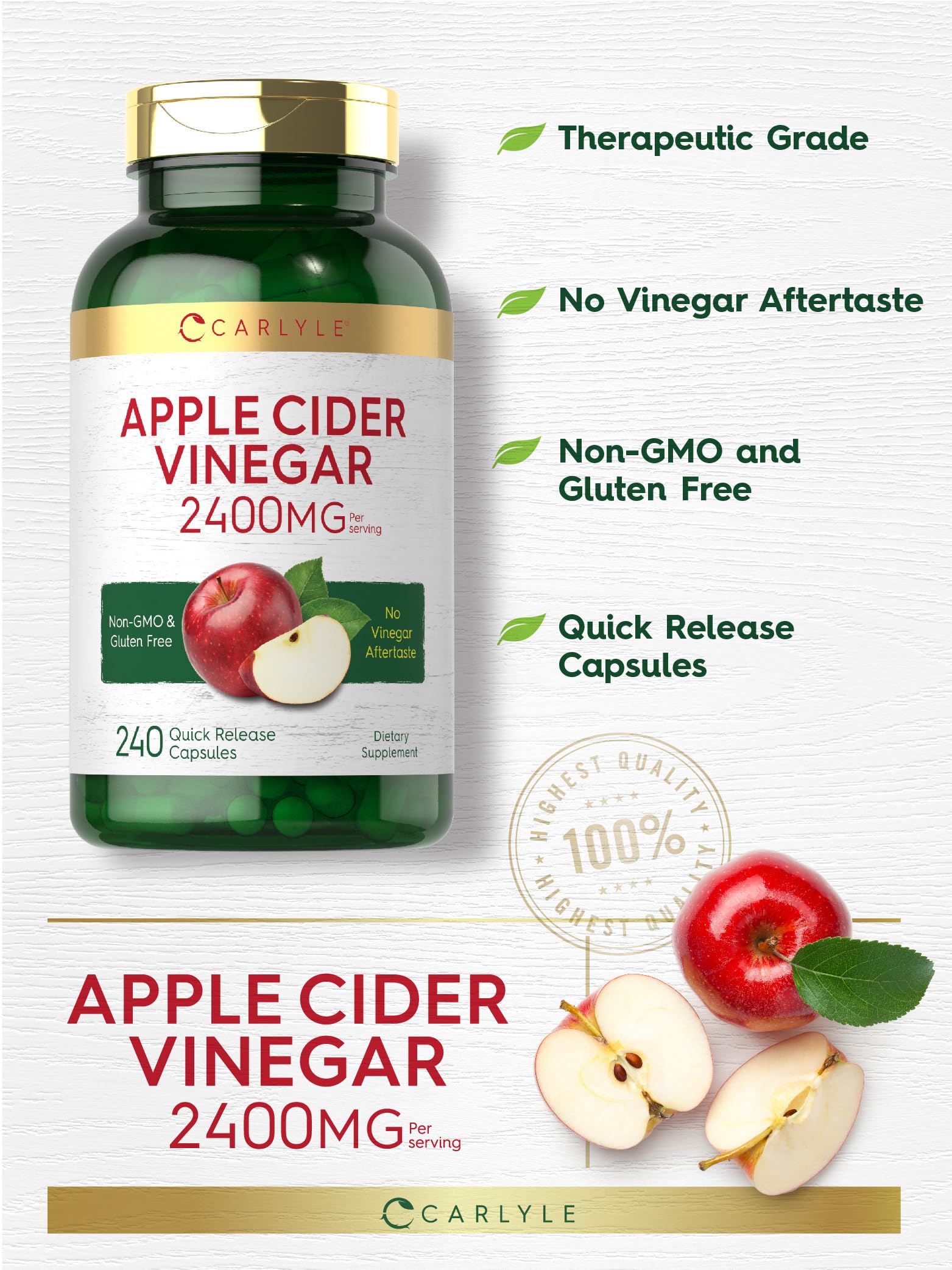 Carlyle Apple Cider Vinegar Capsules | 2400mg | 240 Count | Non-GMO, Gluten Free Supplement