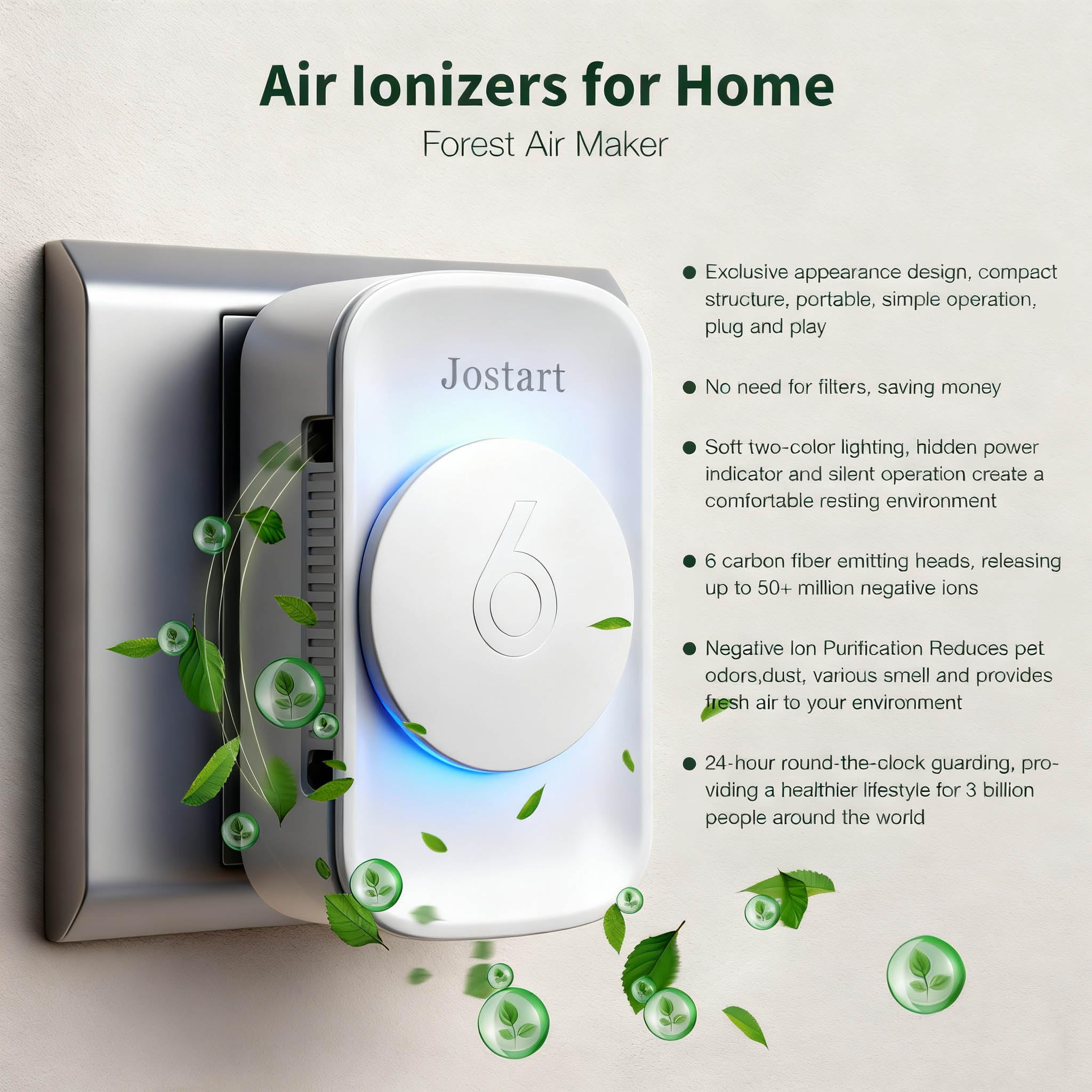 Air Ionizer for Home(3 pack), Ionic Air Purifier Plug in with 6 Carbon Fiber Tips, Ultra Quiet Portable Air Cleaner for Kitchen Bedroom Office Bathroom,Energy Efficient with Blue/Warm White Mood Light