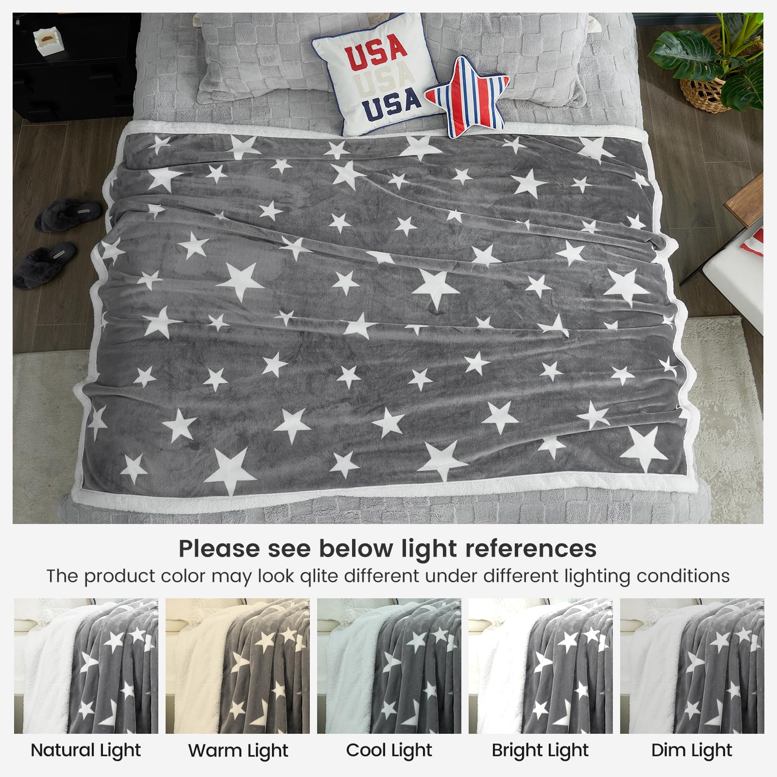 Cozy Bliss Thick Warm Sherpa Fleece Star Blanket, Double Sided Patriotic Throw Blanket Fluffy Soft Fuzzy Thick Blanket for Couch, Bed and Gifts(Light Grey, 50" x 60")