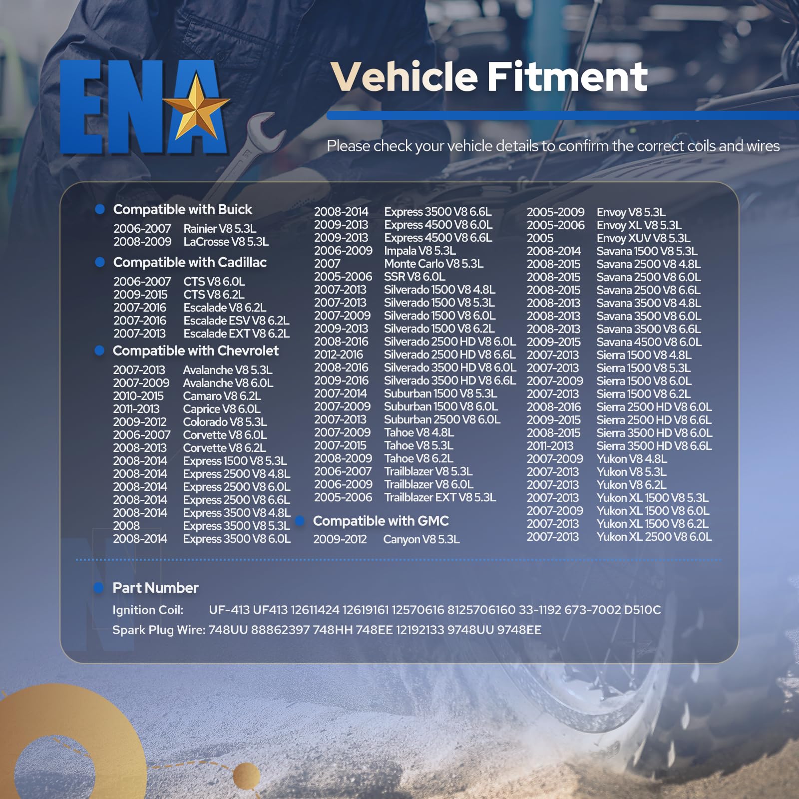 ENA Set of 8 UF413 Ignition Coil with 8mm 748UU Spark Plug Wires Compatible with Cadillac Chevrolet Chevy GMC Canyon Tahoe LaCrosse Escalade Express Savana Silverado SSR Yukon CTS 4.8L 5.3L 6.0L 6.2L