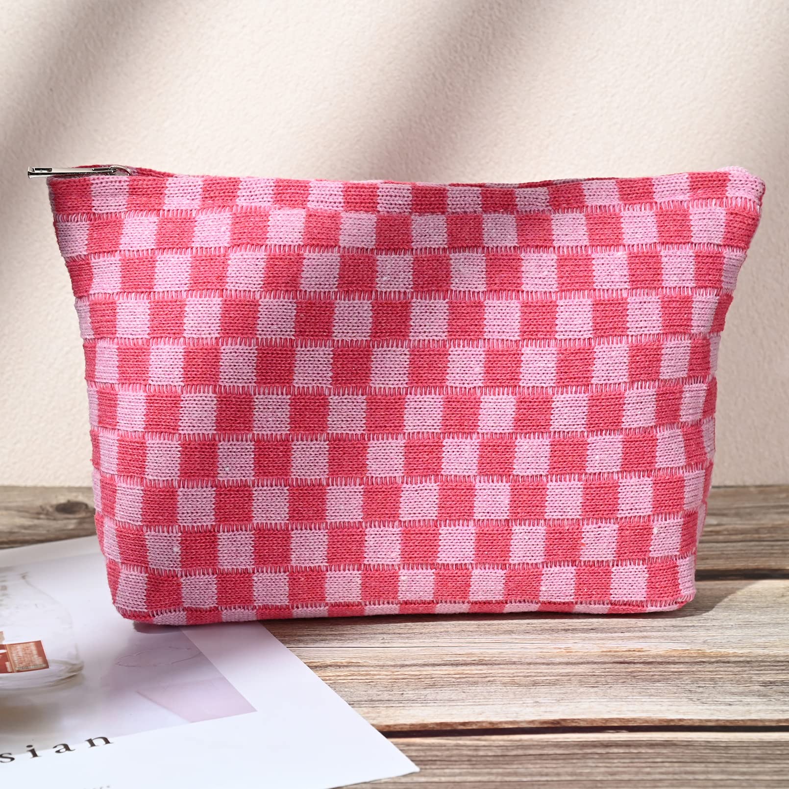 SOIDRAM 2 Pieces Makeup Bag Large Checkered Cosmetic Bag Capacity Canvas Mix Travel Toiletry Bag Organizer Cute Makeup Brushes Aesthetic Accessories Storage Bag for Women, Checkered Mix Rose Red