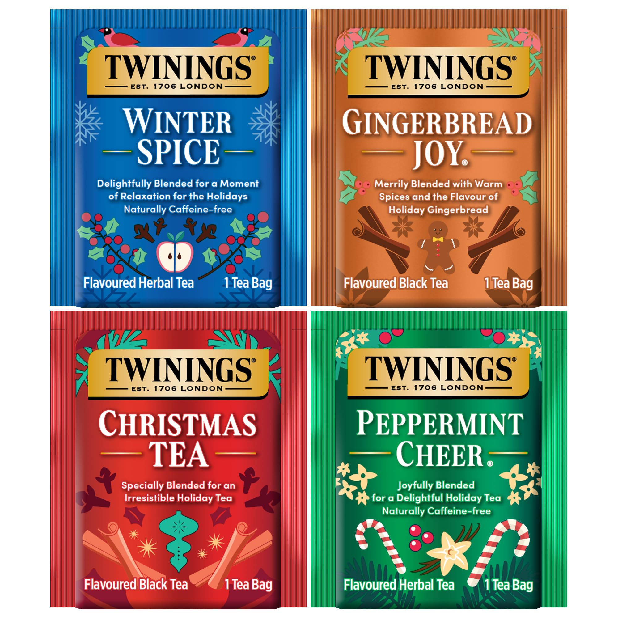 Twinings Holiday Variety Pack Tea Bags, Christmas Tea, Winter Spice, Gingerbread Joy, Peppermint Cheer, 20 Count (Pack of 4), Enjoy Hot or Iced