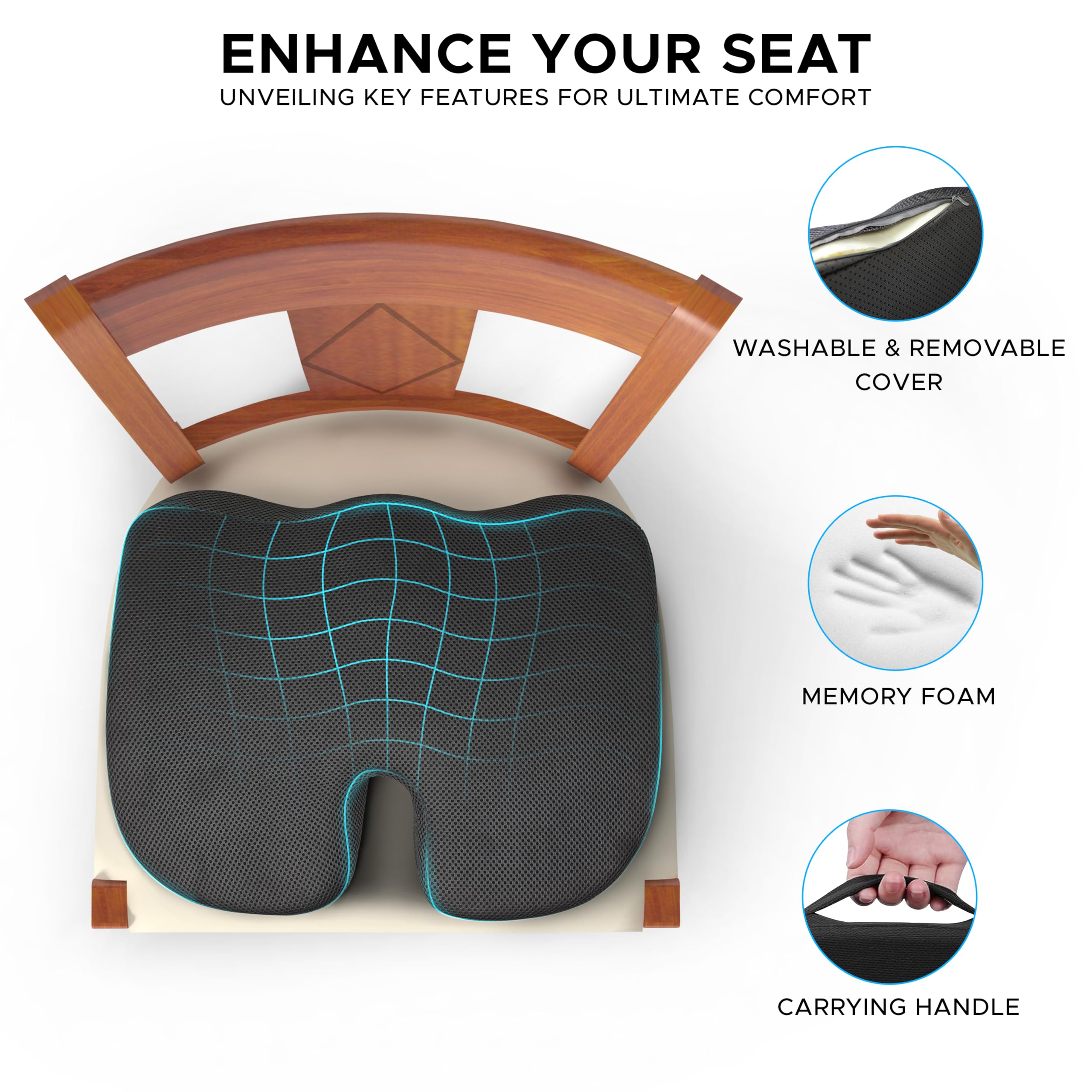 EcoNour Seat Cushions for Office Chairs | Tailbone Pain Relief Cushion for Computer Chair, Car Seat, Airplane | Sciatica, Butt, Hip & Coccyx Pain Relief Desk Chair Cushion for Long Sitting Drivers