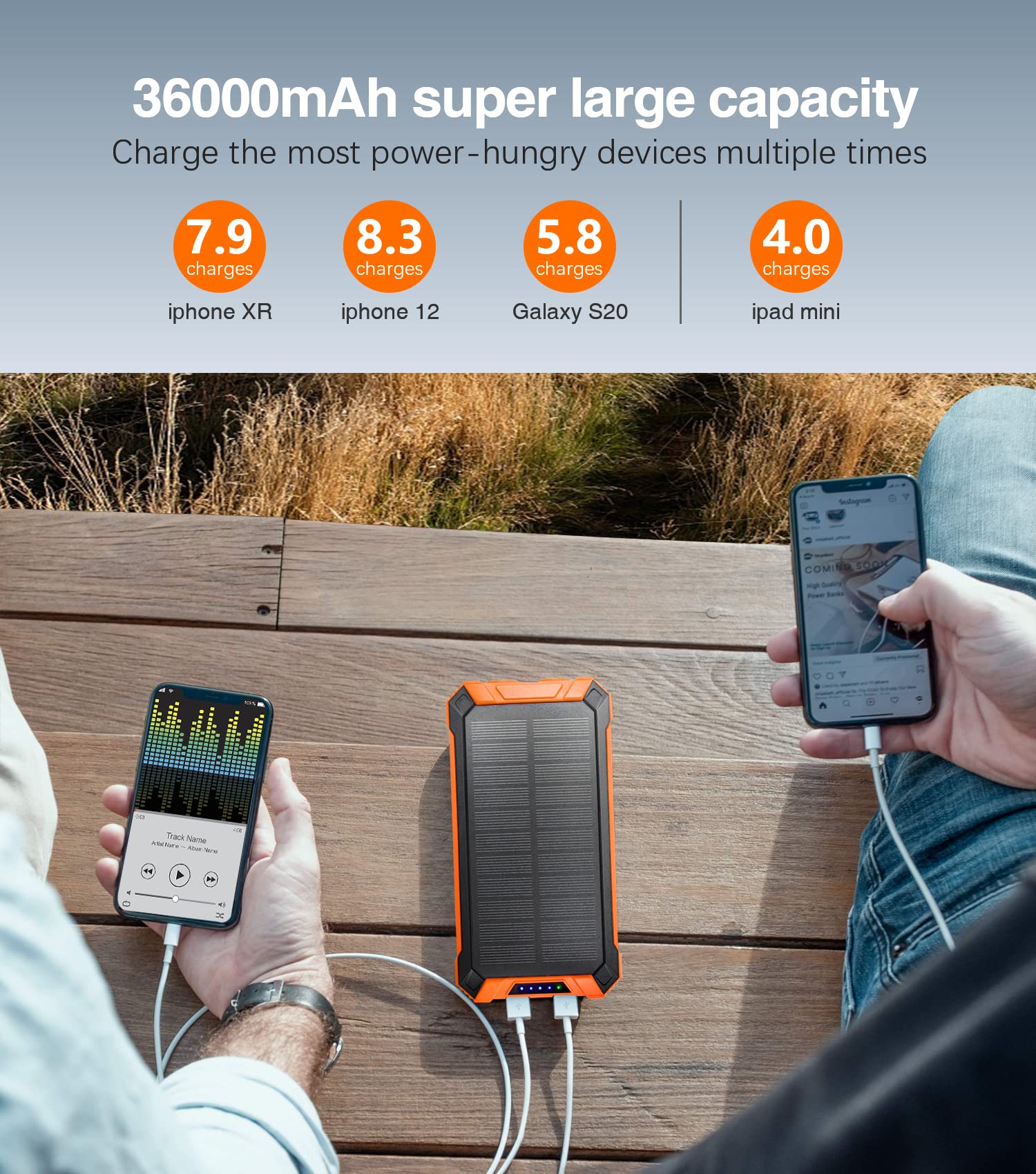 GOODaaa Power Bank Wireless Charger 36000mAh Built in 4 Cables Six Outputs 15W Fast Charging Power Bank for All Mobile Devices Three Inputs Solar Portable Charger with Dual Flashlights, Carabiner