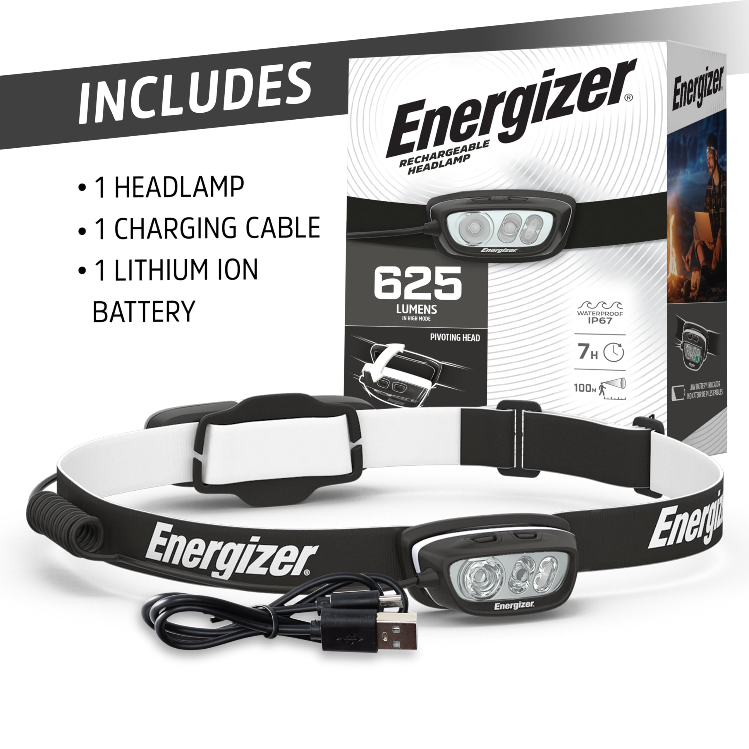 Energizer LED Rechargeable Headlamp HDL-625, IPX4 Water Resistant Headlamps, High-Performance Head Light for Outdoors, Camping, Running, Storm, Survival LED Light for Emergencies (USB Included)