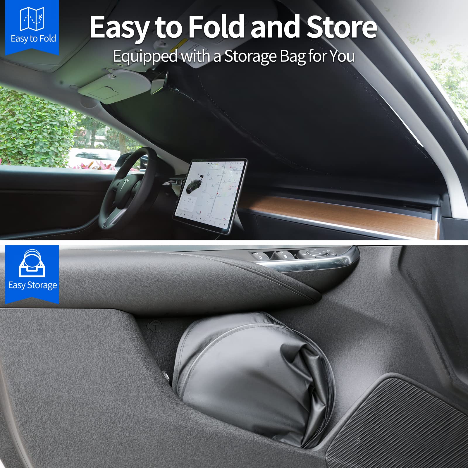 Upgraded Sunshade for Tesla Model 3/Y Windshield, Improved UV Protection Fabric, Metal Frame, Full-Size Foldable Front Sun Shade, Professional Accessories for Tesla Model 3/Y 2016 to 2024