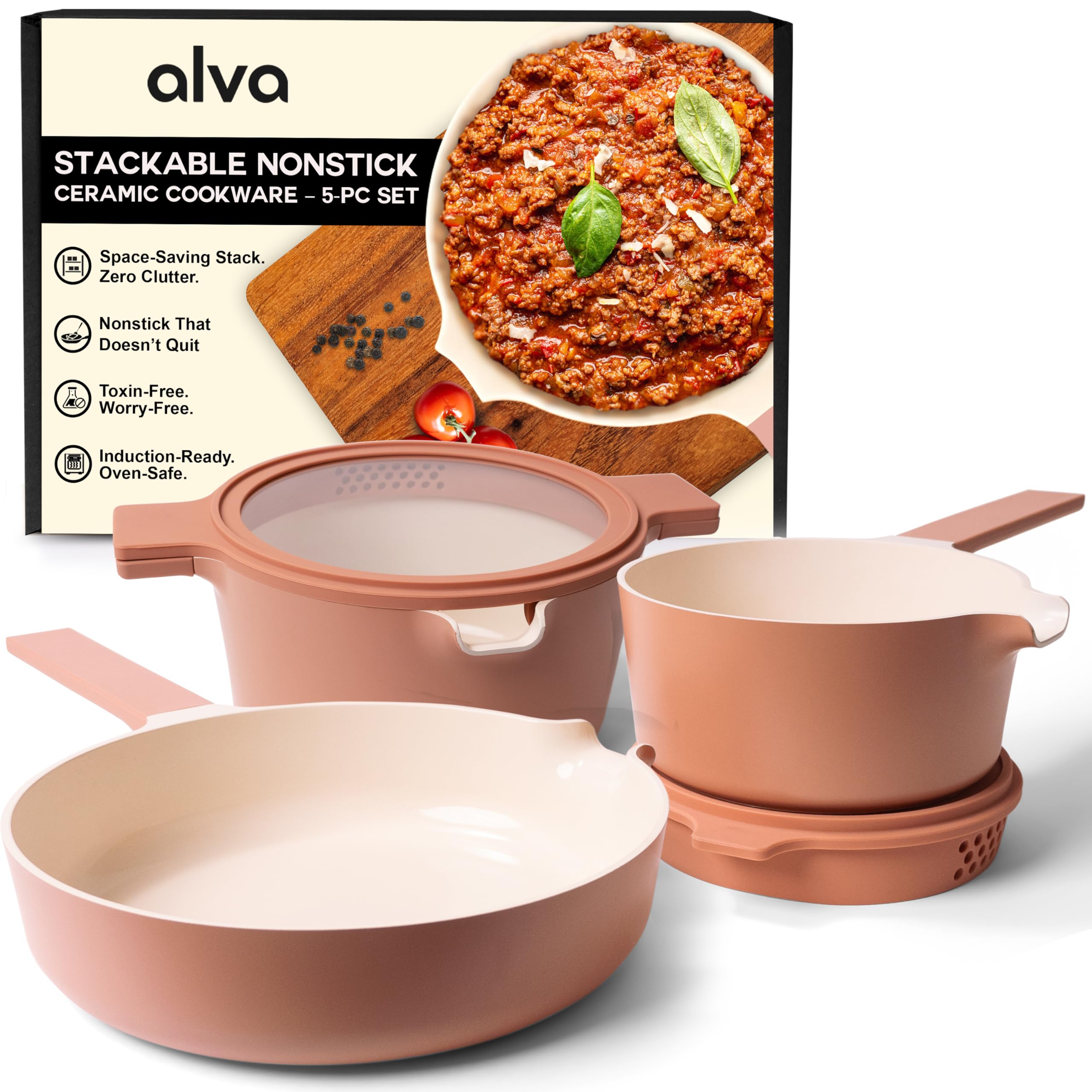 Alva Neat 5-Piece Nested Nonstick Ceramic Cookware Set - Made without PFAS, PFOA & PTFE – Induction & All Stovetop Compatible, Oven Safe, Easy to Clean – Space-Saving Design, Peach