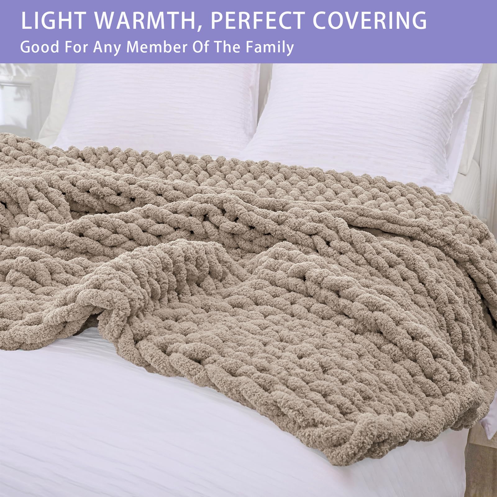 Bigacogo Chunky Knit Throw Blanket for Couch, 60x80 inches, 100% Hand Knitted with Thick Jumbo Chenille Yarn, Cozy Soft Large Rope Knot Cable Crochet Blankets for Sofa Bed Living Room, Taupe