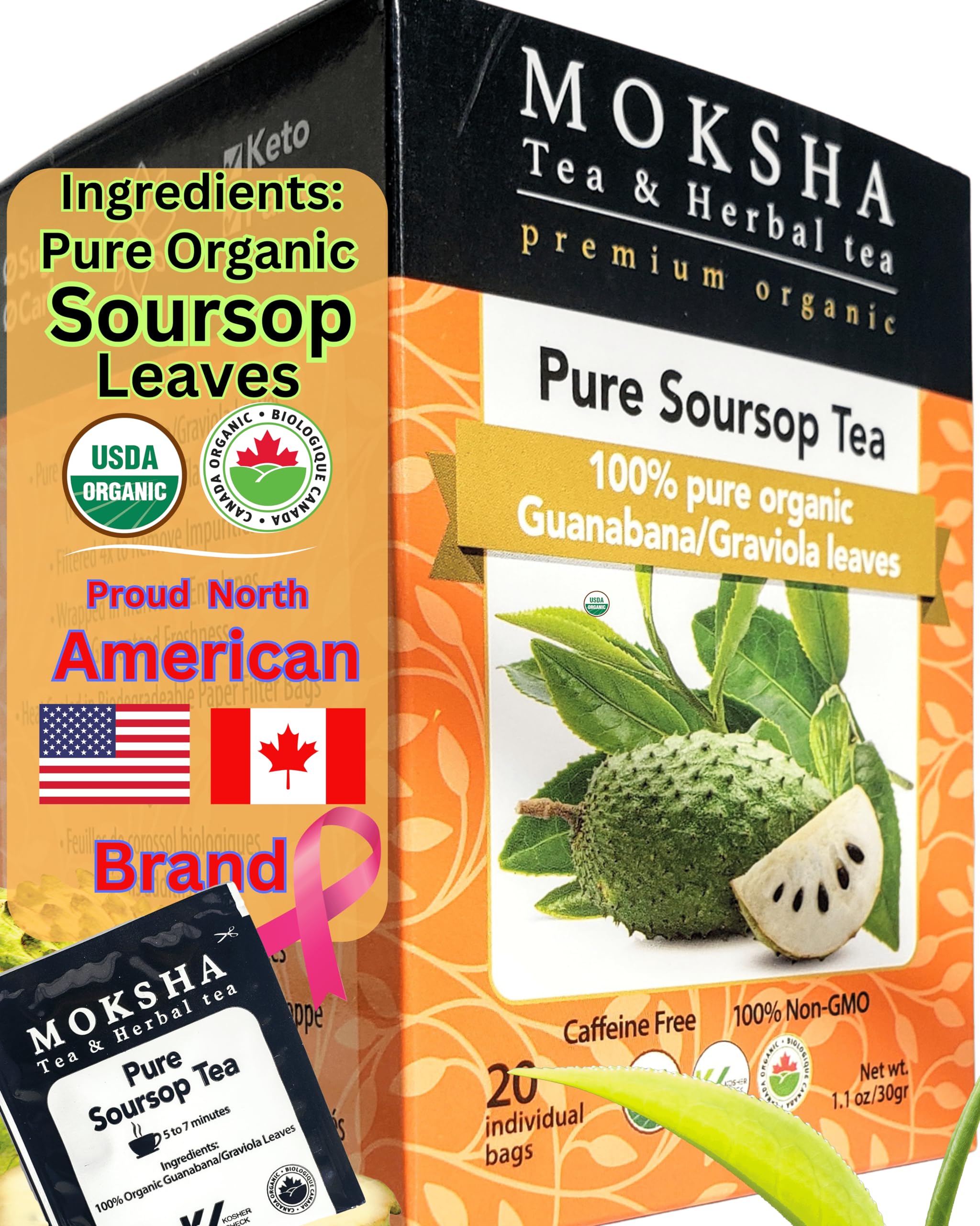 Pure Soursop Tea made with Pure Graviola Leaf- Guanabana Leaves- 20 Organic Tea Bags Moksha Ayurveda