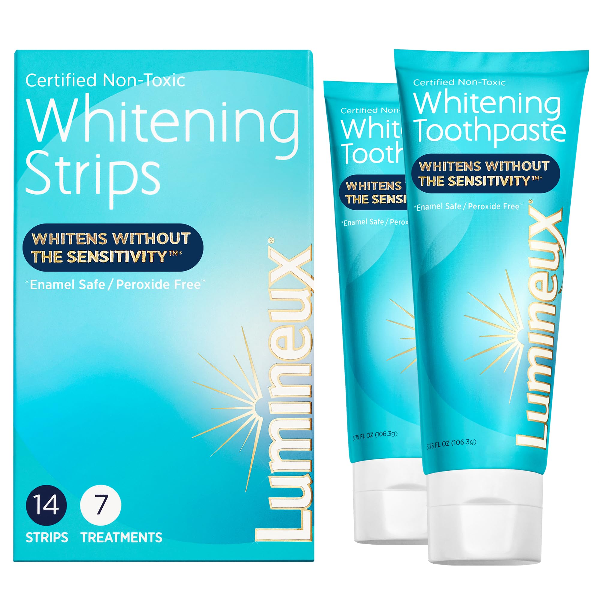 Lumineux Whitening Starter Set – Peroxide Free - Enamel Safe for Whiter Teeth – Includes 7 Whitening Treatments & 2 Pack Whitening Toothpaste, Fluoride Free & Dentist Formulated