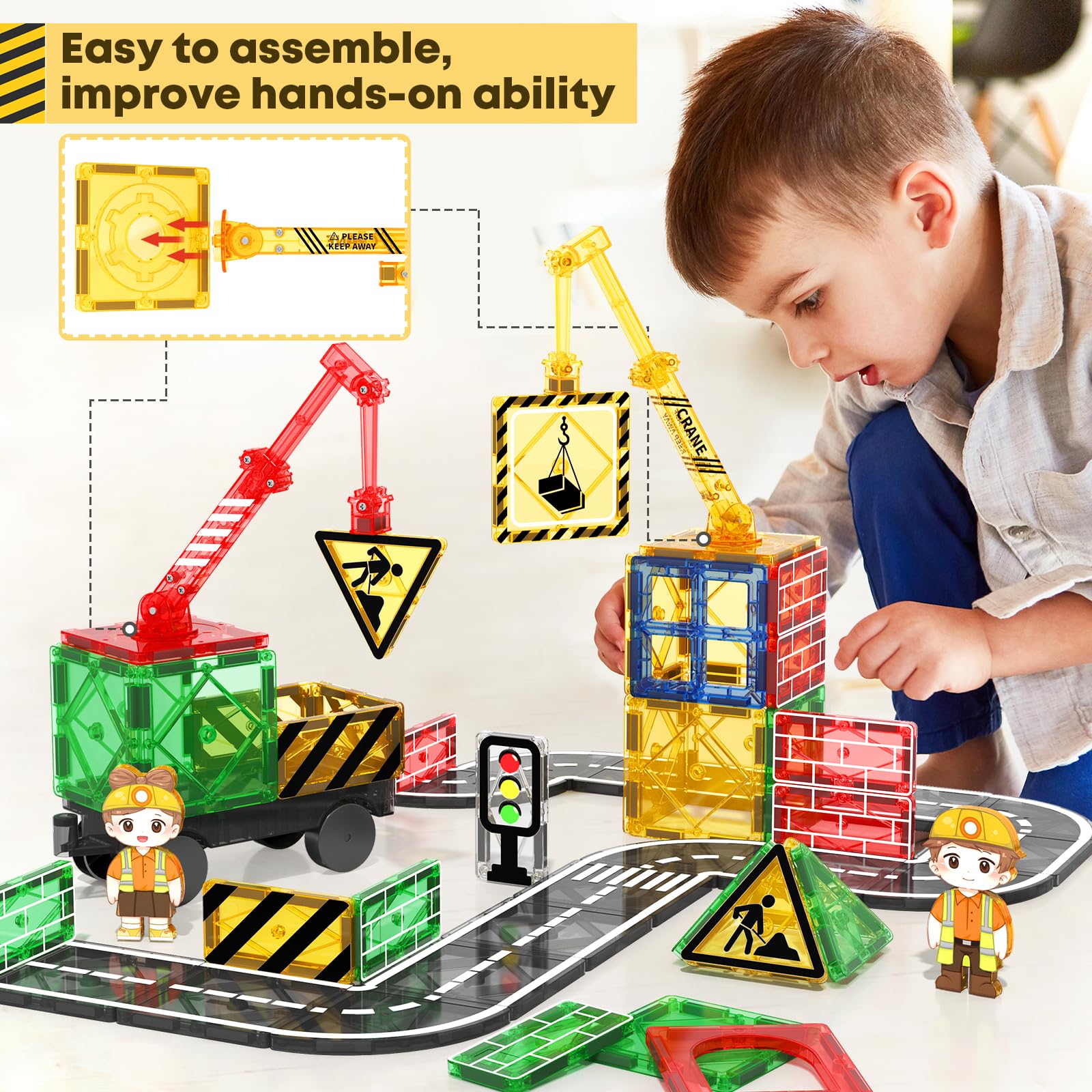 Kids Games Magnetic Tiles with 2 Cranes Construction Toys Set Sensory Toys for Boys Girls Ages 3-6 5-7 8-13, Gifts for 3+ Year Old Boys Girls Toddler Outdoor Kids Toys with Car