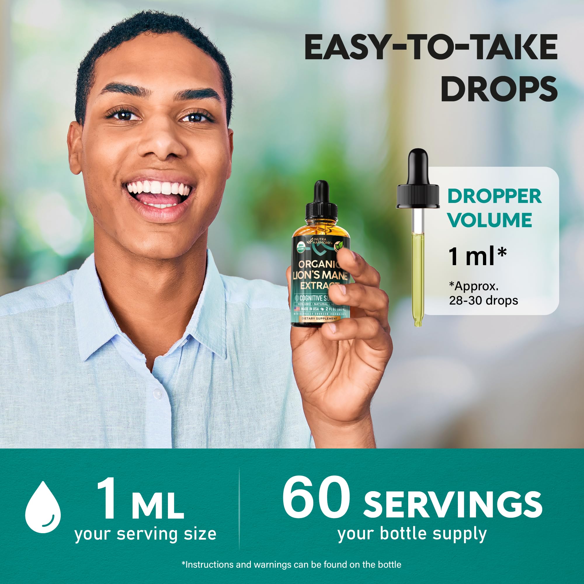 Lions Mane Liquid - USDA Certified Organic Lions Mane Supplement - Brain Support, Energy, Memory & Focus - Sugar & Alcohol-Free Lion's Mane Mushroom Extract 72,000 mg / Bottle, 2 Fl OZ, 2 Month Supply