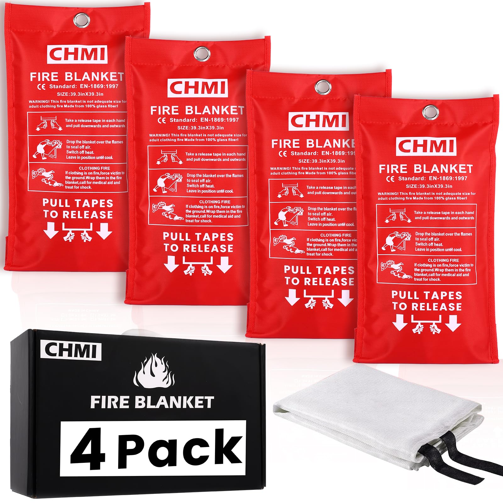 CHMI Emergency Fire Blanket - 4 Pack 39.3"x39.3" Flame Suppression Fiberglass Fire Blanket for Home and Kitchen,Flame Retardant and Thermal Insulation Design for Emergency Survival Safety.