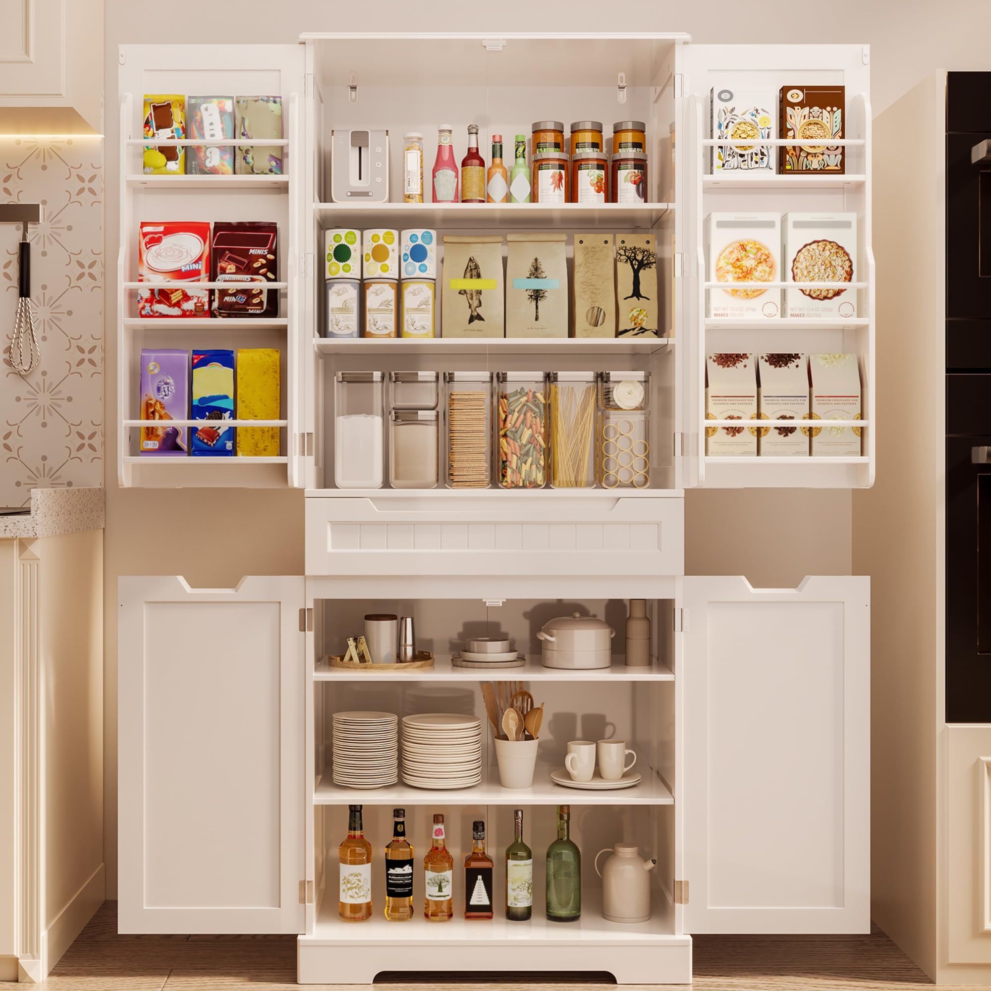 Gizoon 64" Tall Kitchen Pantry Cabinet with Doors and Shelves Large Stand Up Pantry Storage Cabinet with Drawer Large Food Cupboard for Kitchen Bathroom Craft Room, White