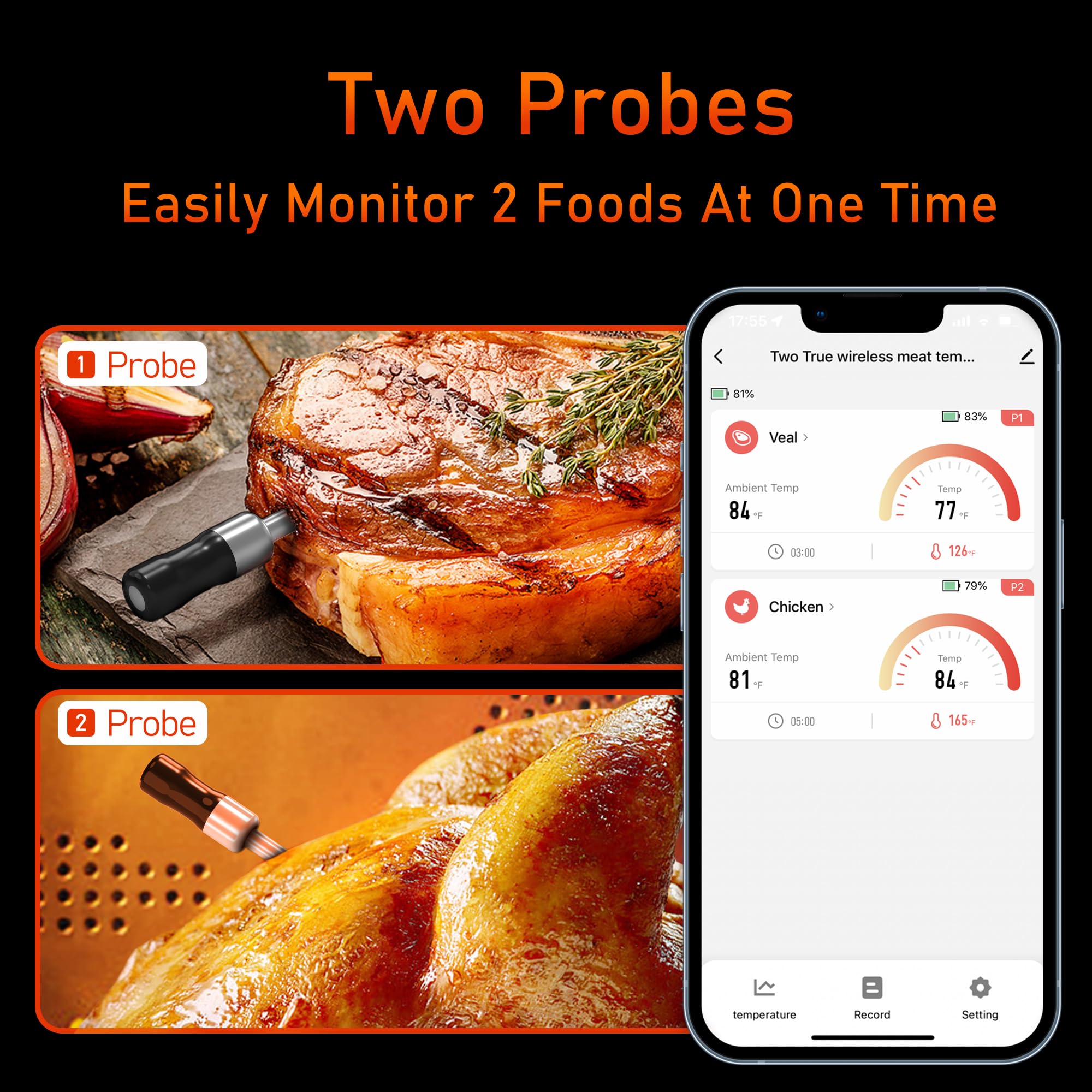 2-Probe Wireless Meat Thermometer, AlfaBot 525FT Bluetooth Smart Meat Thermometer with LCD-Enhanced Booster, Digital Food Thermometer for Remote Monitoring of Turkey, Grill BBQ Oven Smoker