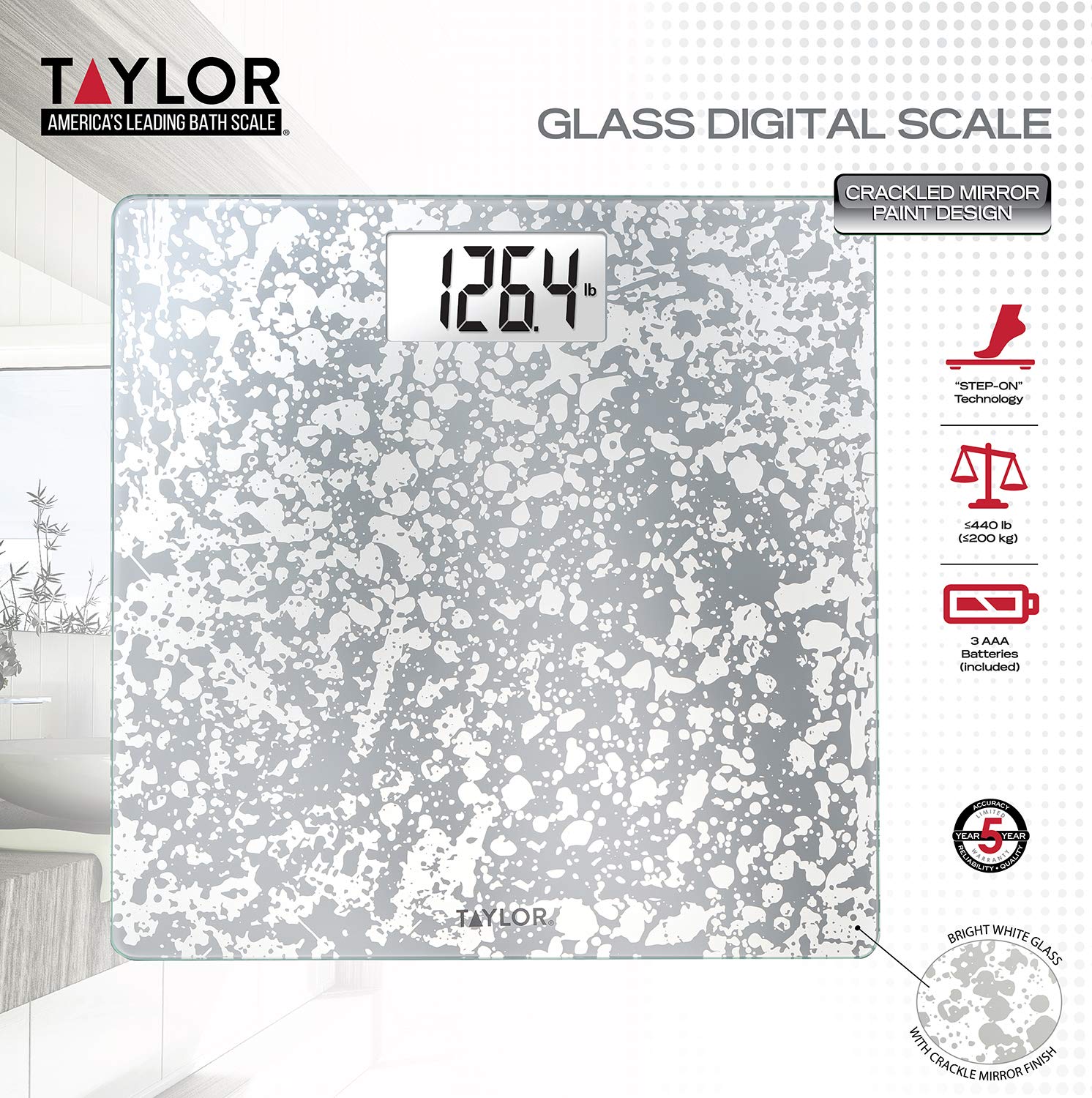 Taylor Crackled Glass Design Digital Bathroom Scale, White, 5273273