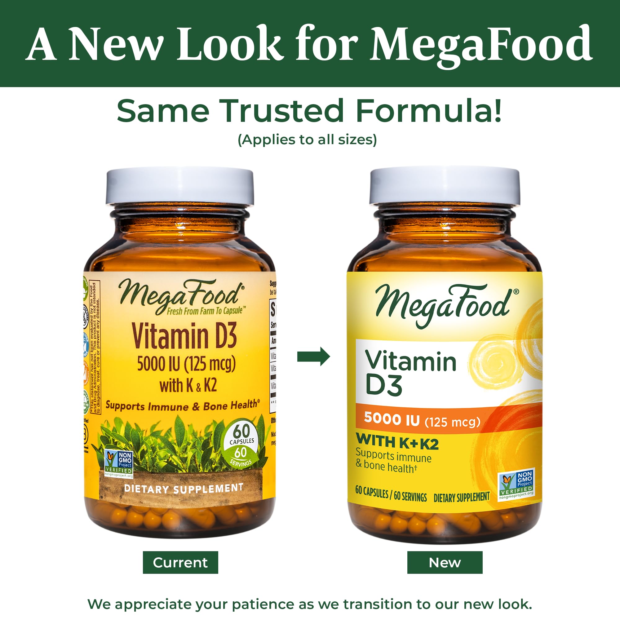 MegaFood Vitamin D3 5000 IU (125 mcg) - Vegetarian Vitamin D Supplements with Vitamin D3 K2, Supports Bones, Teeth, Muscles & Immune Health, Certified Non-GMO - 60 Mini Capsules, 60 Servings