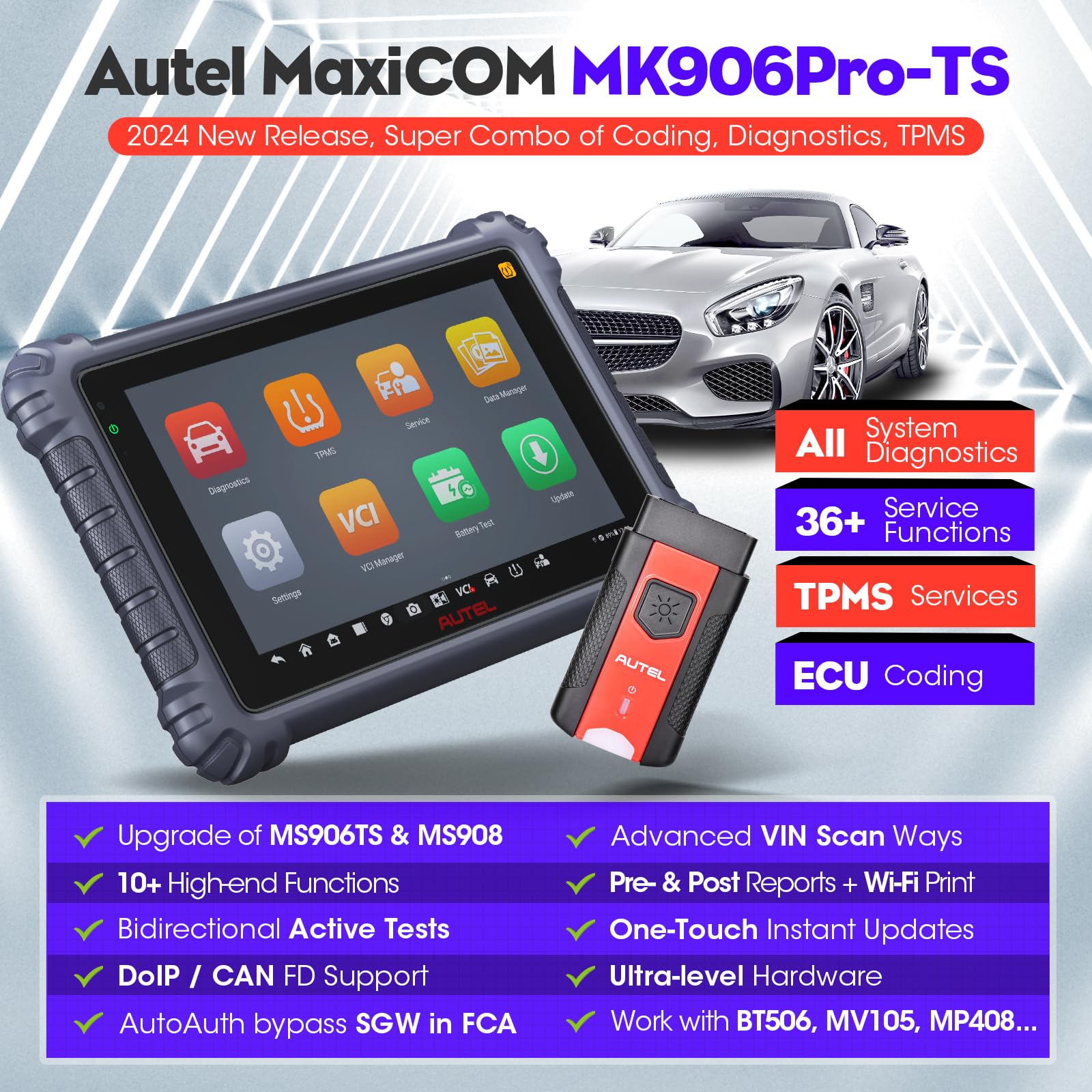 Autel MaxiCOM MK906 Pro-TS Scanner: 2024 Updated of MaxiSYS MS906 Pro-TS MS906TS with CAN FD/DoIP, ECU Coding, Full TPMS, Bidirectional Control, 36+ Service, Full Diagnose, WiFi Print, Auto Scan 2.0