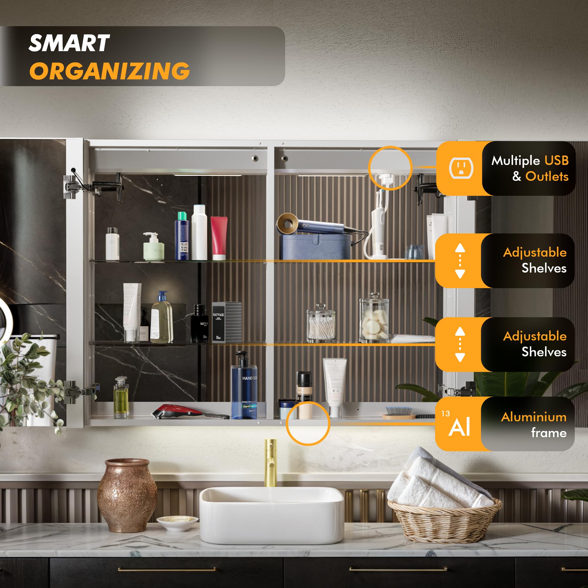 KRISTALLUM LED Lighted Medicine Cabinet Front & Backlit Dimmable Colours, Clock & Temp, USB Outlets