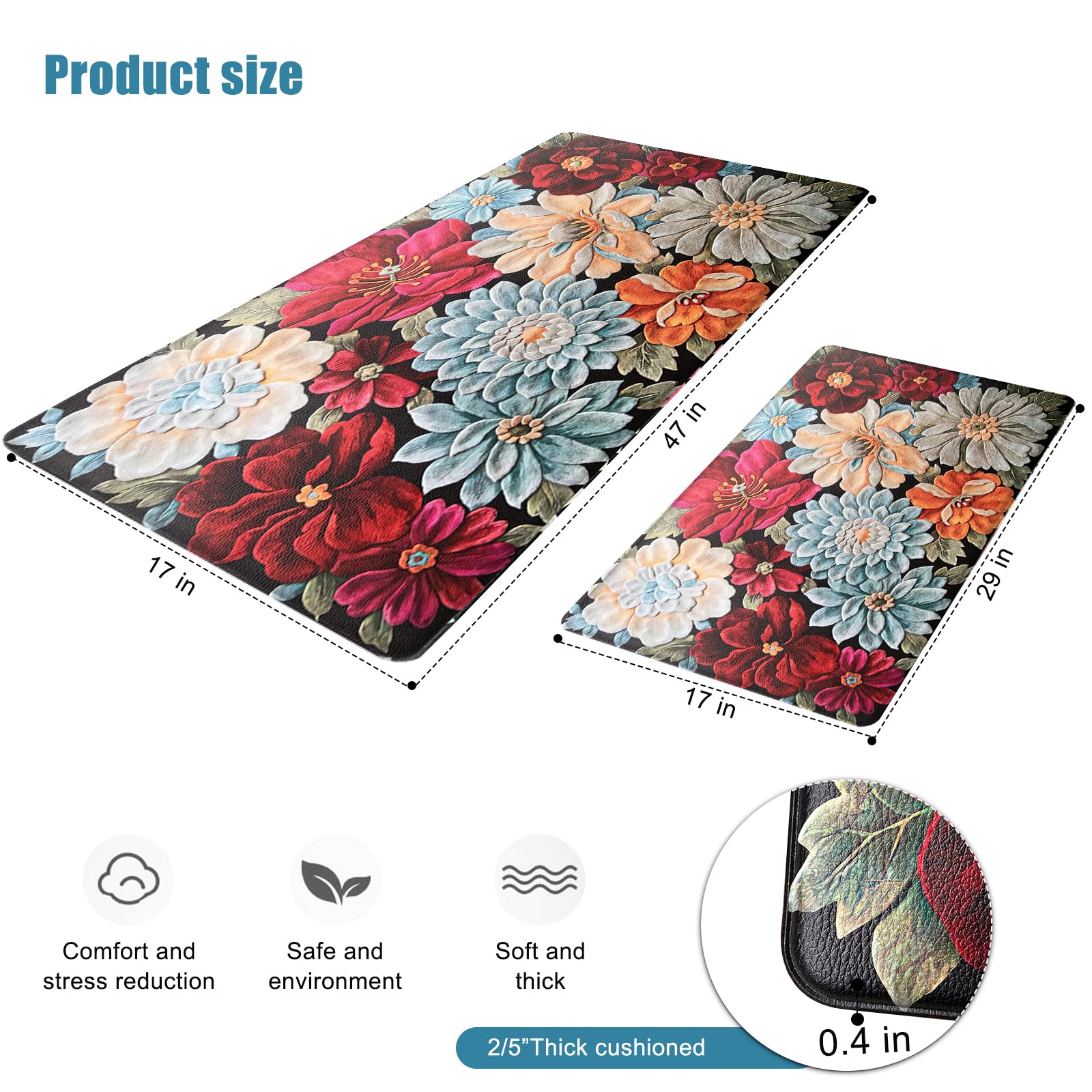 Sofort Kitchen Mats for Floor Cushioned Anti-Fatigue Kitchen Rugs, Set of 2 Boho Floral Kitchen Mats and Rugs, Non-Slip Waterproof Comfort Standing Mats for Kitchen, Laundry, Sink, Office