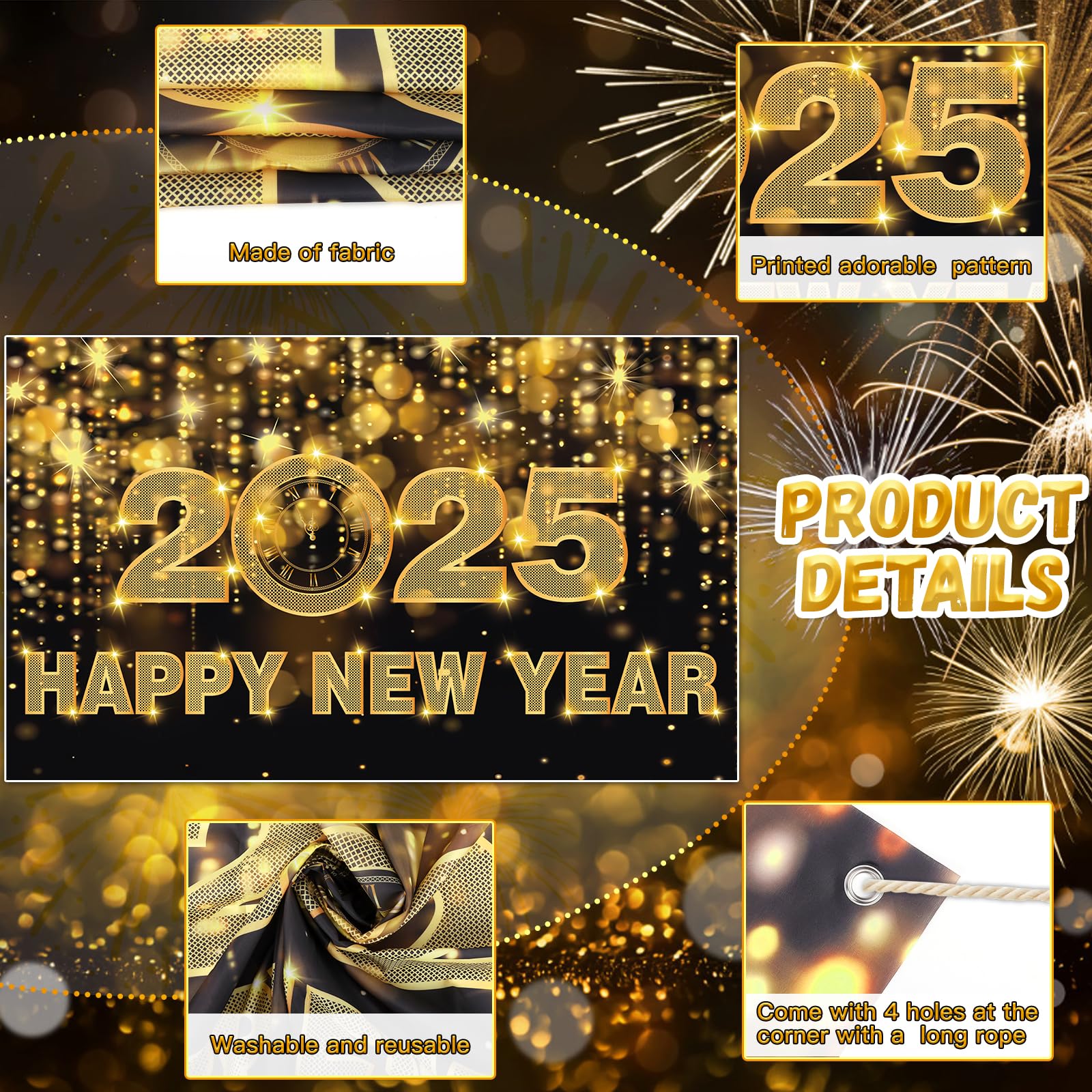 Happy New Year Decorations 2025, 70.8 * 45IN Happy New Year Banner 2025 Happy New Year Backdrop for Black and Gold New Years Eve Party Supplies 2025