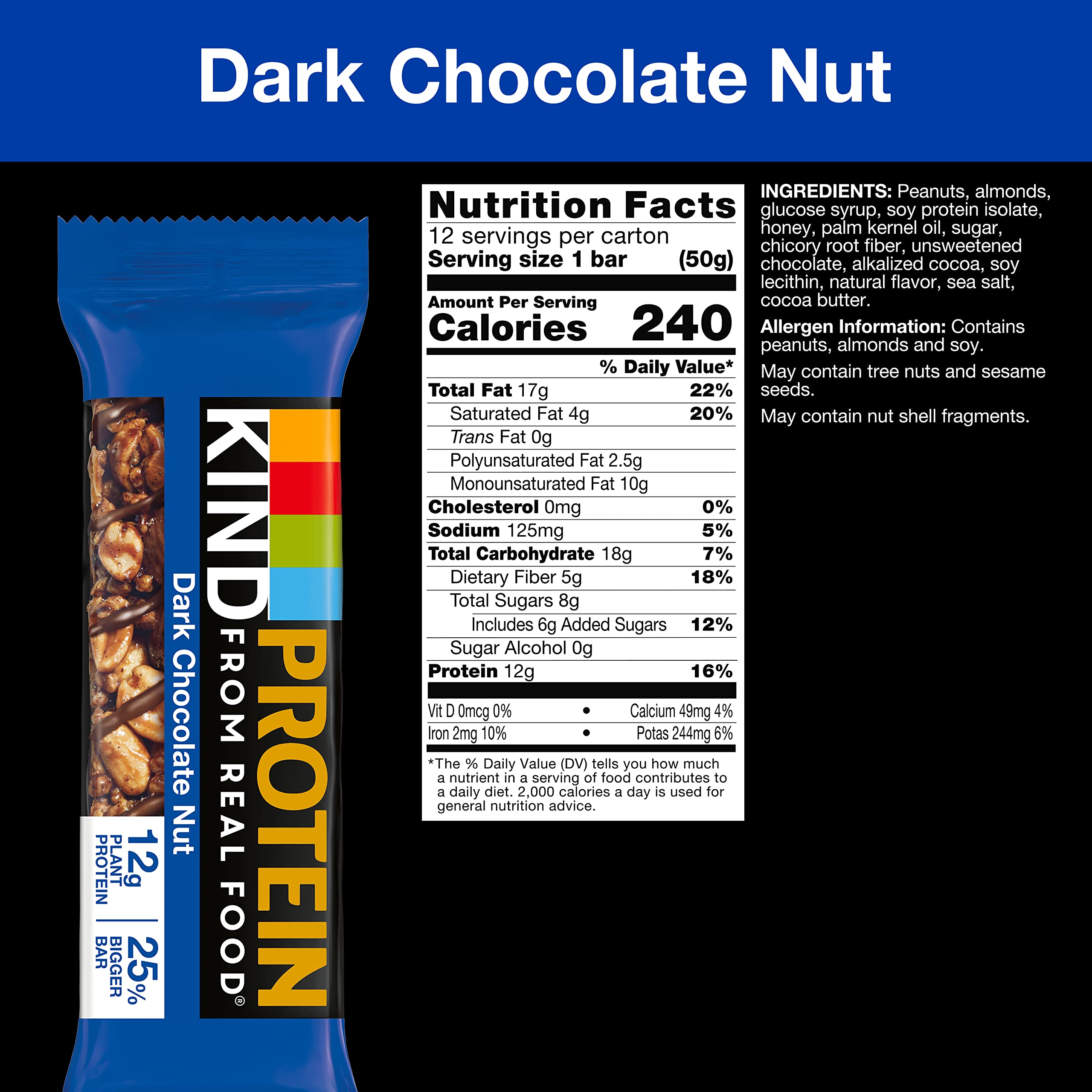 KIND Protein Bars, Dark Chocolate Nut, Healthy Snacks, Gluten Free, 12g Protein, 12 Count