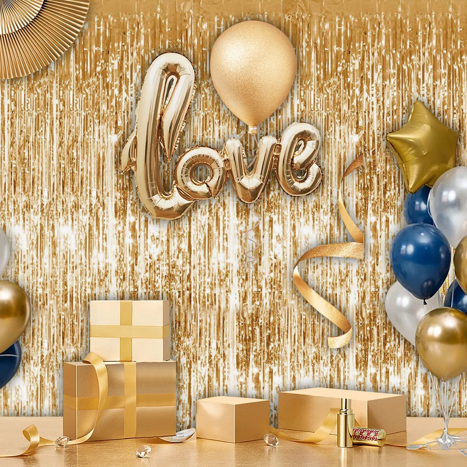 Tayuvira Gold Metallic Tinsel Foil Fringe Curtain, 3 Pcs 3.3ft x6.6ft Photo Booth Backdrop Streamer Curtains&Photo Booth Props, Party Decorations for Bachelorette Graduation Wedding Birthday (Gold)