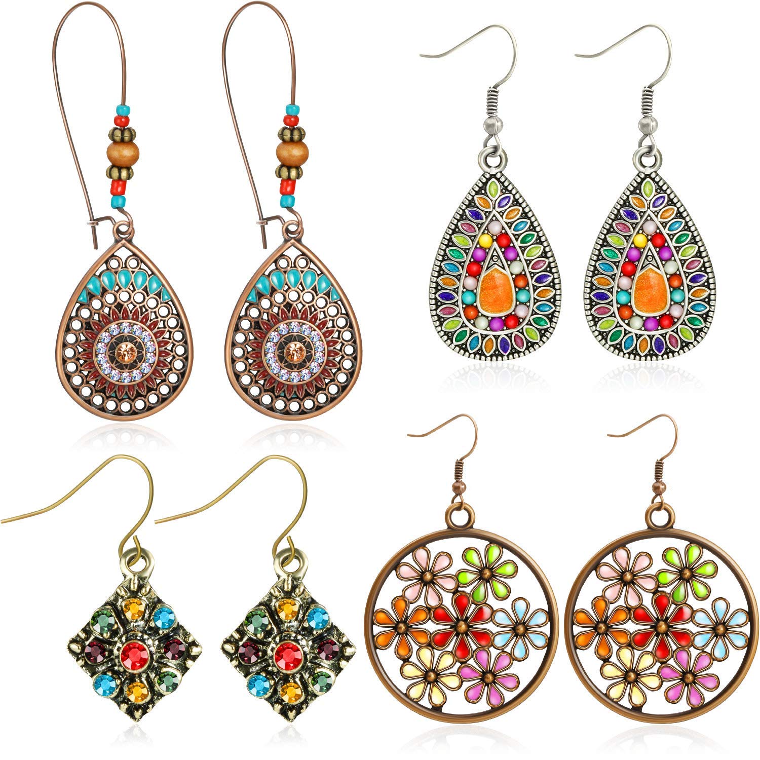 meekoo 4 Pairs Boho Earrings Bohemian Jewelry Mexican Hippie Summer Earring Gift for Women (Style A)