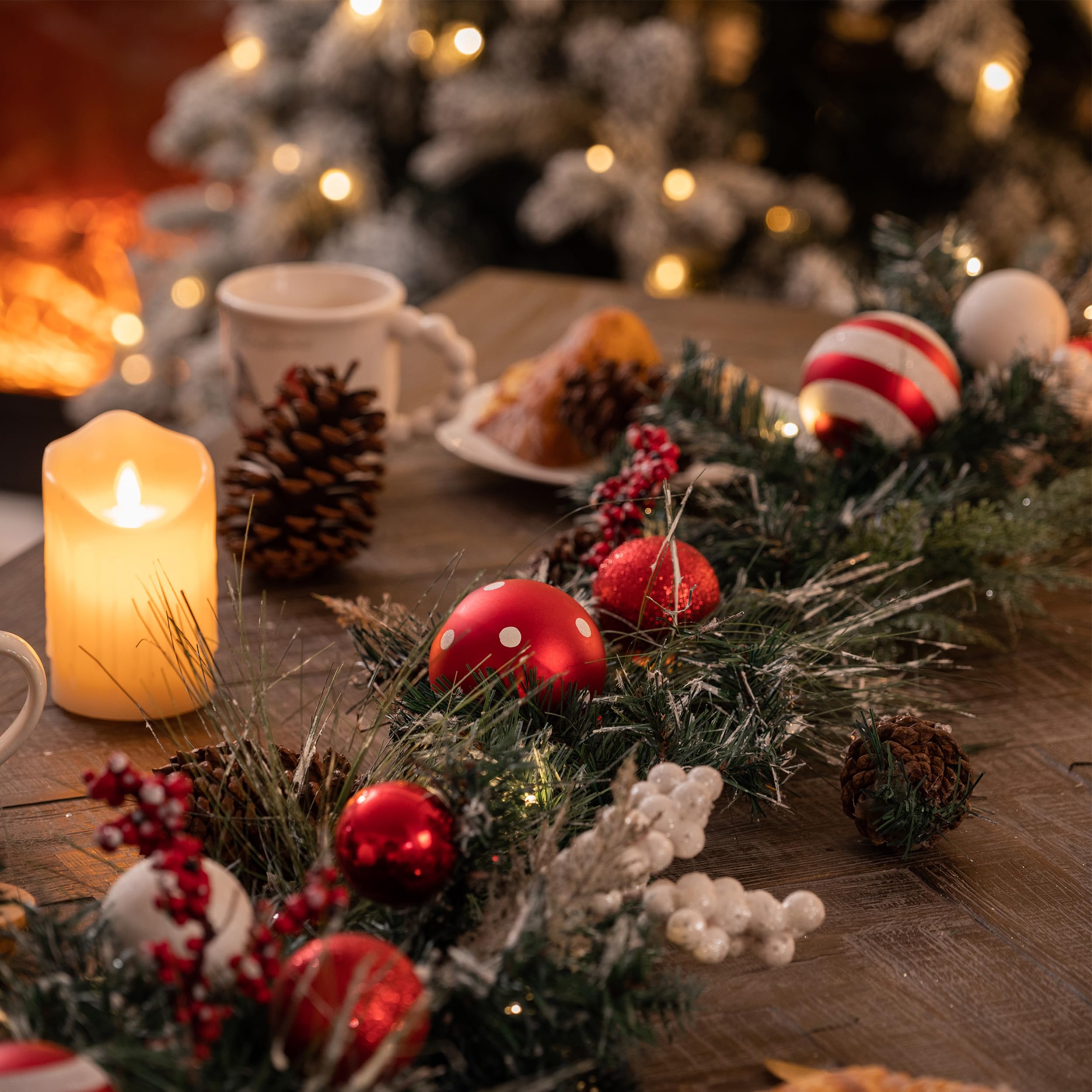 Valery Madelyn 6 feet Pre-Lit Christmas Garland with Lights for Mantle, Lighted Battery Operated Valentine's Day Garland with Red White Balls for Front Door Fireplace Table Centerpiece Decor