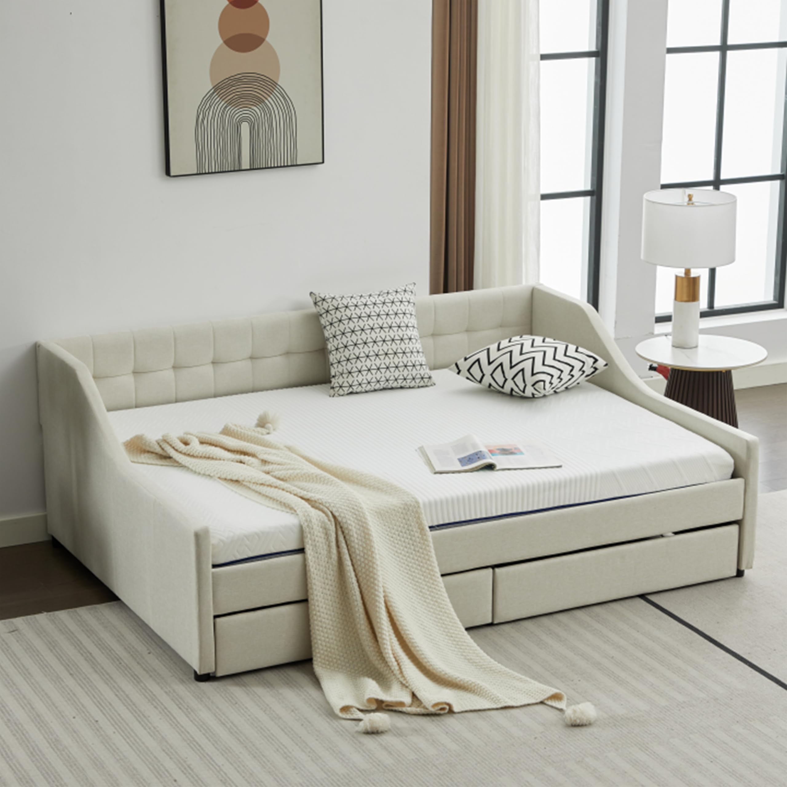 Rosevera Adrie Linen Upholstered Daybed with Button Tufting for Living Room Bedroom, Twin, Nature Beige