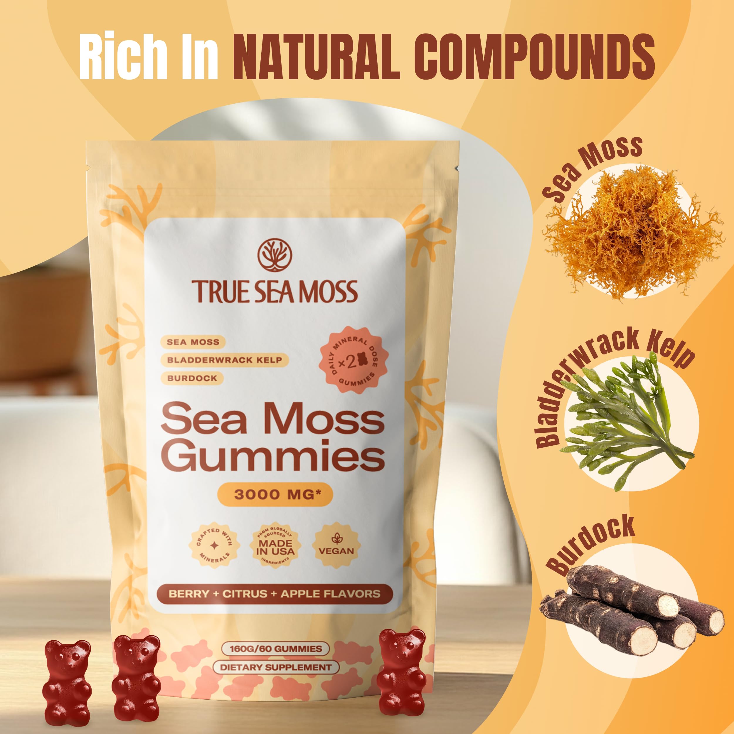 TrueSeaMoss Gummies 3000mg – Irish Sea Moss with Bladderwrack & Burdock Root – 3-in-1 Multi Mineral Vegan Supplement – Fruity Flavor Gummies for Immune & Gut Health – USA Made – 60 Count