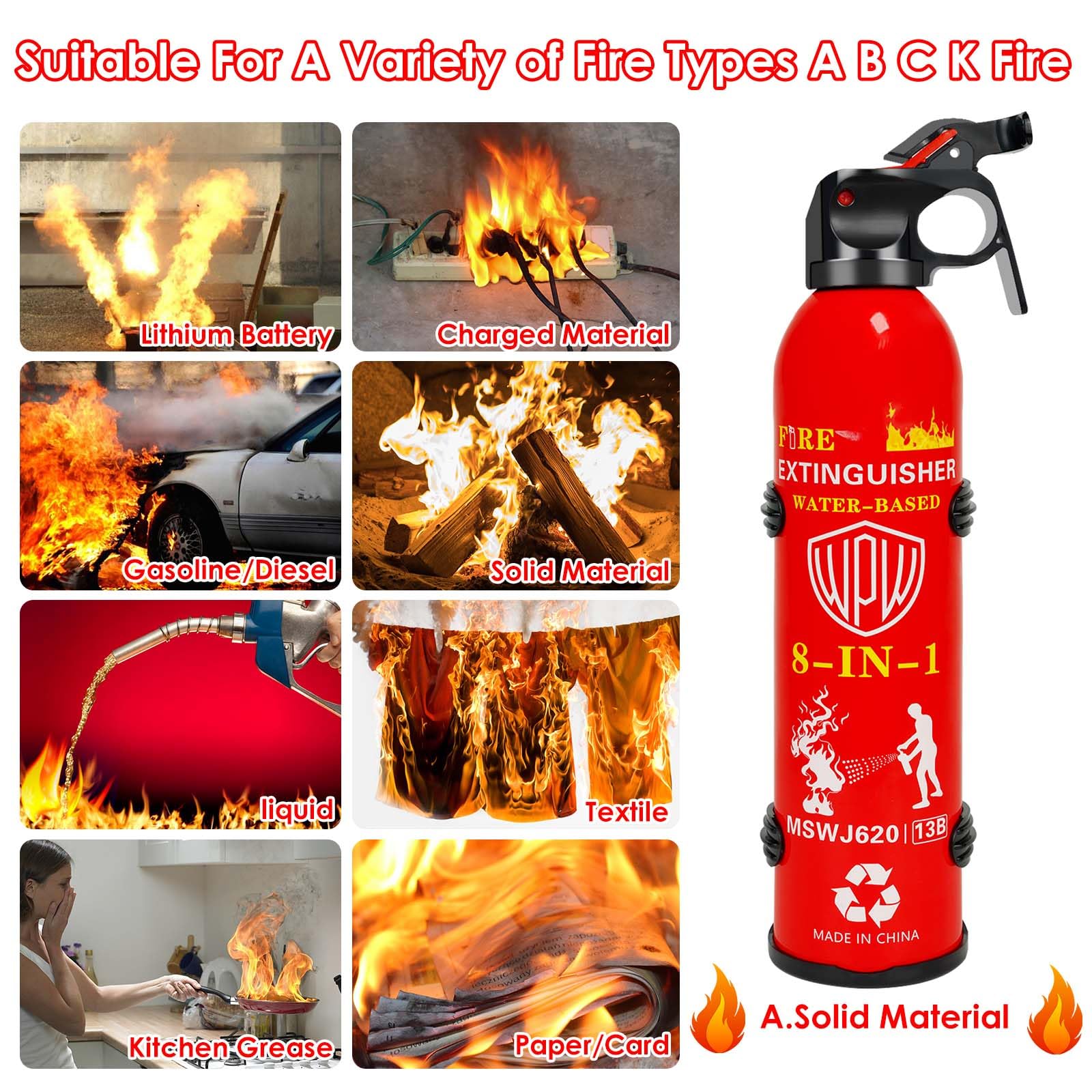 WPW Upgraded 8-in-1 Fire Extinguisher for Home with Wall Mount 620ml Portable Fire Extinguisher For Vehicle Car Boat House Kitchen Emergency Supplies, Water-Based Solution For A, B, C, K Fire (4 Pack)