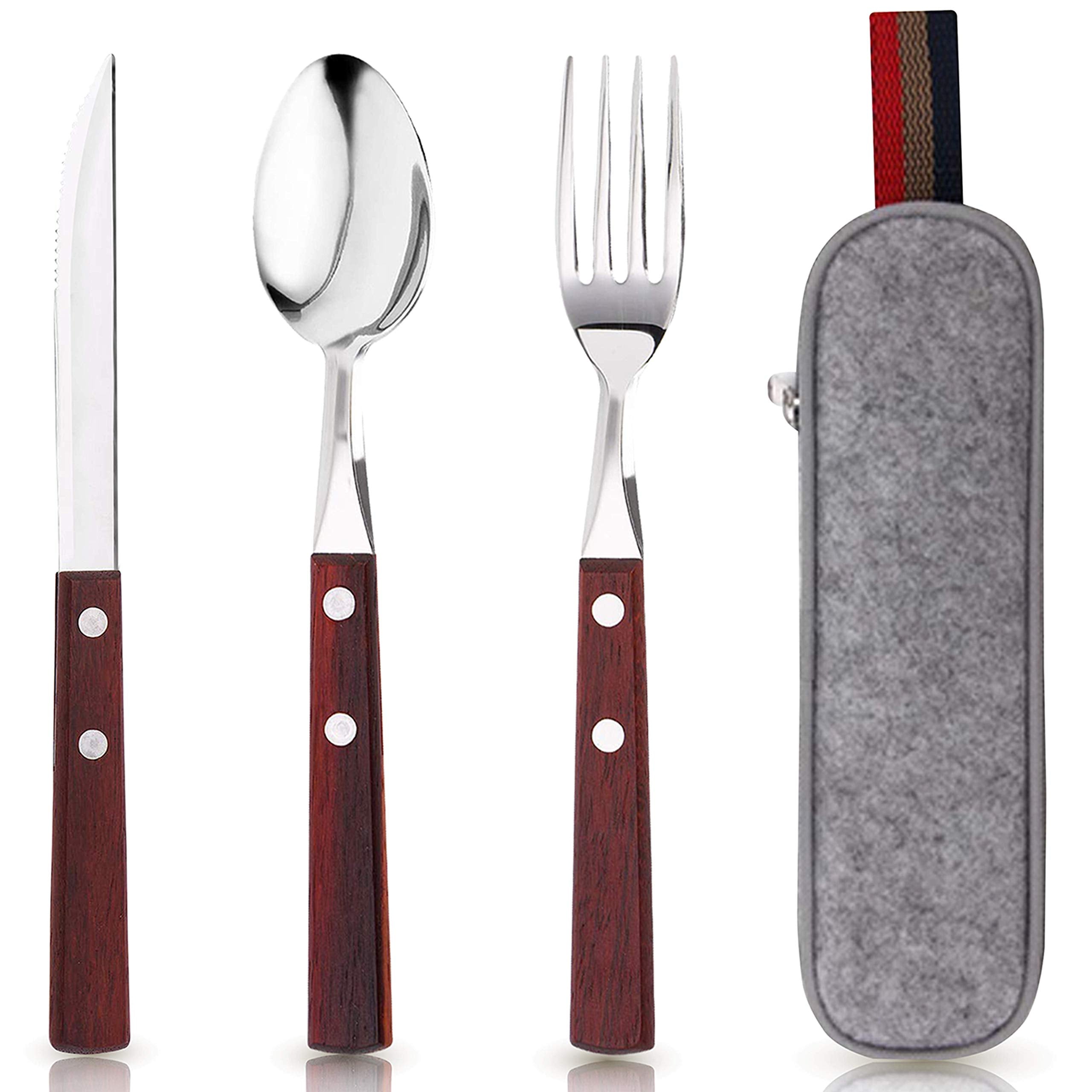 PREMIUM QUALITY Stainless Steel travel utensils Set with case, Healthy & Eco-Friendly 3pc Full Size Fork, Spoon, Portable, reusable utensils with case