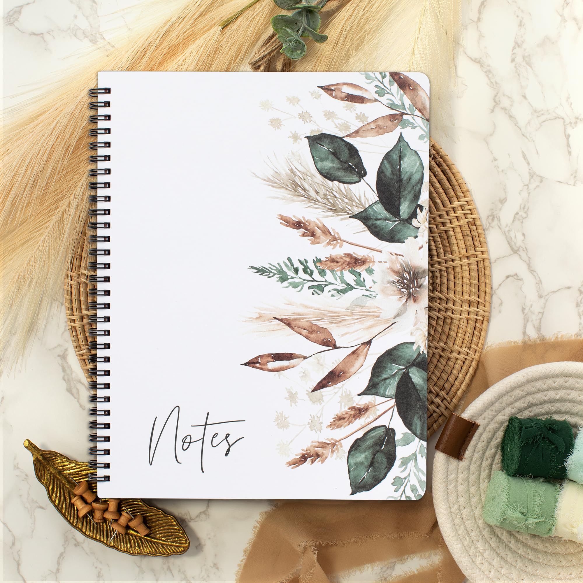 Aesthetic Spiral Notebook Journal For Women - Cute Dried Floral 10.5" x 8.5" College Ruled Notebook With Large Pockets And Lined Pages - Perfect to Stay Organized and Boost Productivity at Work or