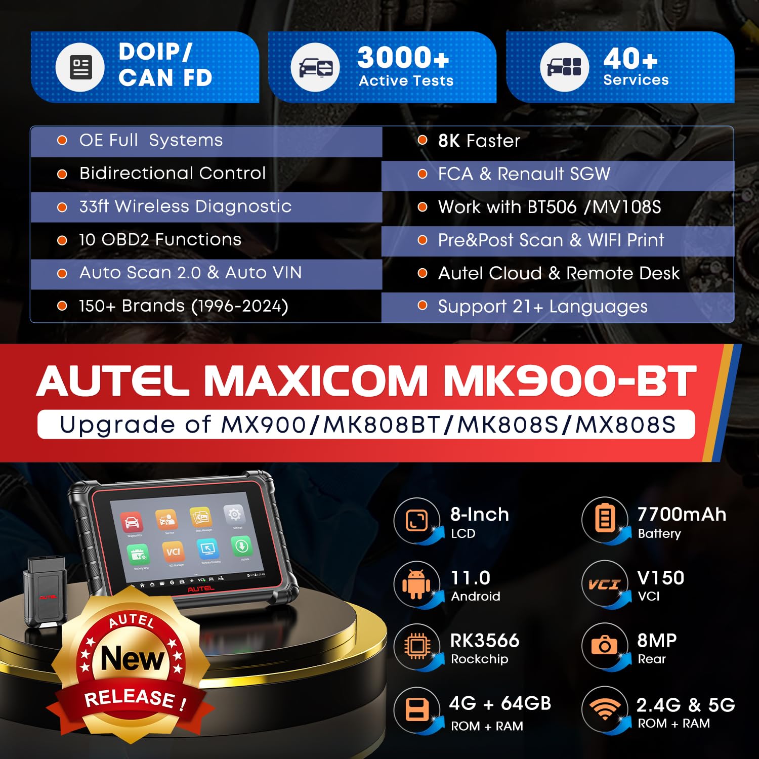 Autel MaxiCOM MK900-BT Scanner, 2024 MK900BT Bidirectional Scan Tool, Up of MK900 MaxiCheck MX900 MK808BT PRO MK808S MX808S MK808Z, DOIP CANFD, 40+ Service, 3K+ Tests, All Sys, FCA SGW, BT506 Support