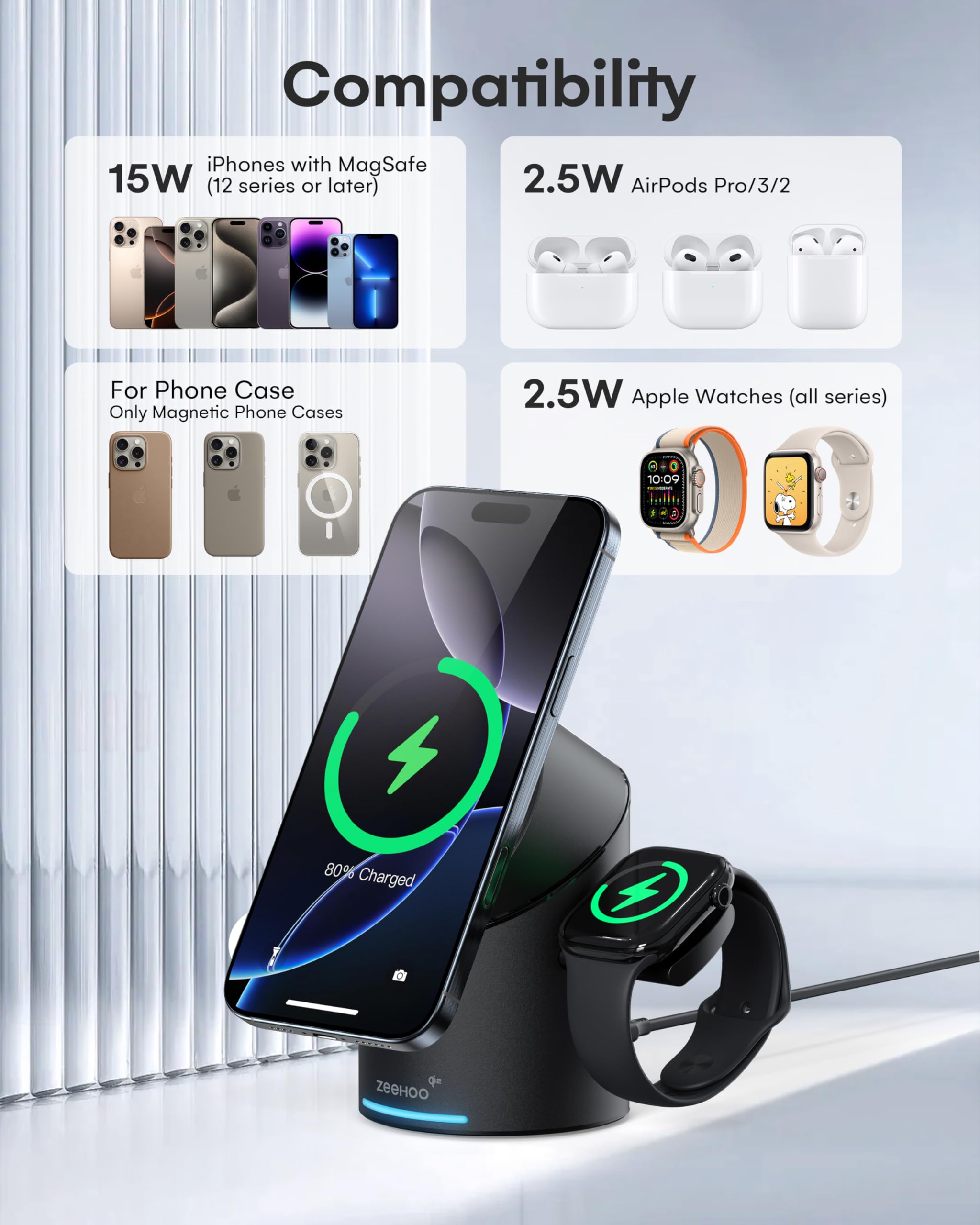 ZEEHOO 3 in 1 Charging Station for Apple Devices, Mag-Safe Charger Stand, Qi2 15W Auto-Rotating Wireless Charging Station for iPhone 16/15/14/13/12 Series& AirPods& iWatch(30W Charger Included)