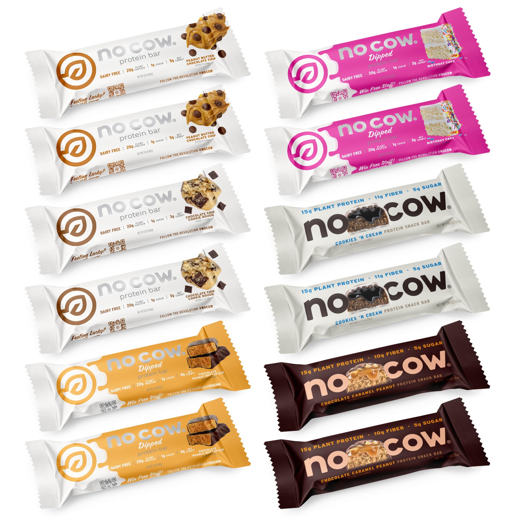 No Cow Protein Bars, Brand Sampler Pack - Healthy Snacks, 20g Vegan Protein, High Fiber, Low Sugar, Keto Friendly, Dairy & Gluten Free (12 Count)