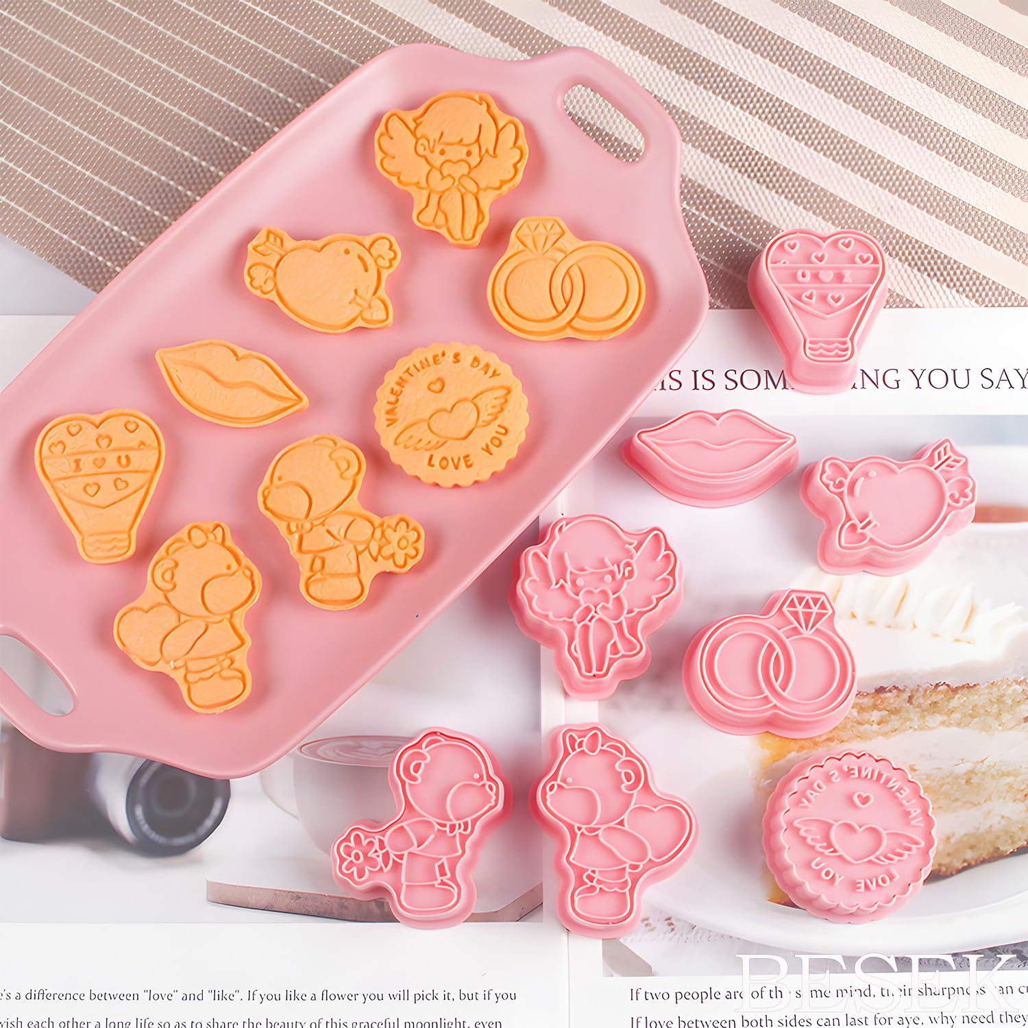 BESEK Valentine's Day Cookie Cutters: With Plunger Stamps Set, 8 Piece 3D Embossing Cutters For Biscuit Fondant Cheese Baking Molds