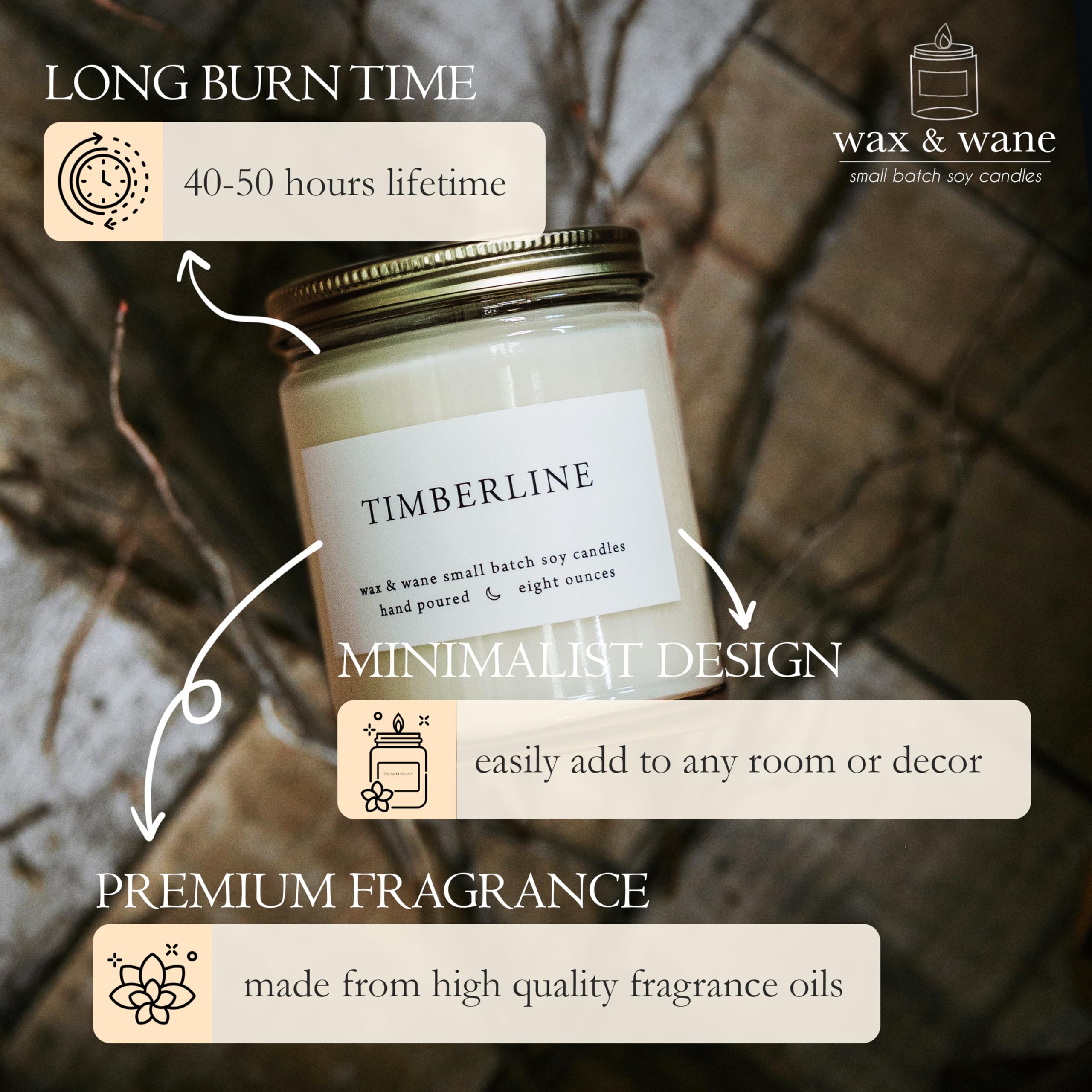 Wax & Wane Timberline Pine Modern 8oz Handmade Candle For Men and Women - Long Burning 40+ Hours Candles For Home, Bedroom, and Bathroom - 100% Natural Soy Candles Made in the USA