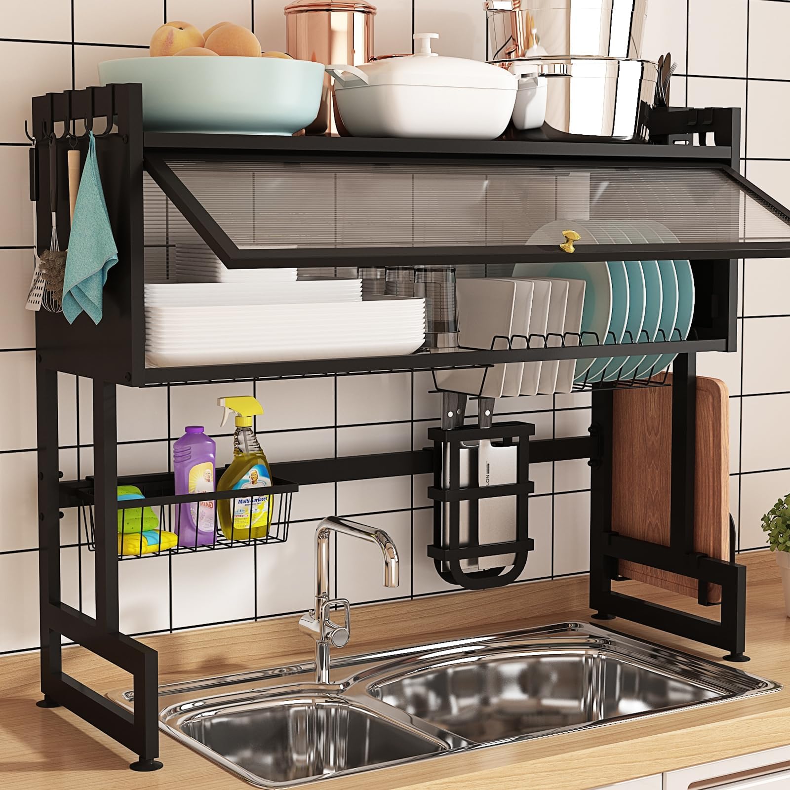 bukfen Dish Drying Rack, Large Stainless Steel Over The Sink 2 Tier Dish Rack with Cover for Kitchen (Black, Large 37.40 Length)