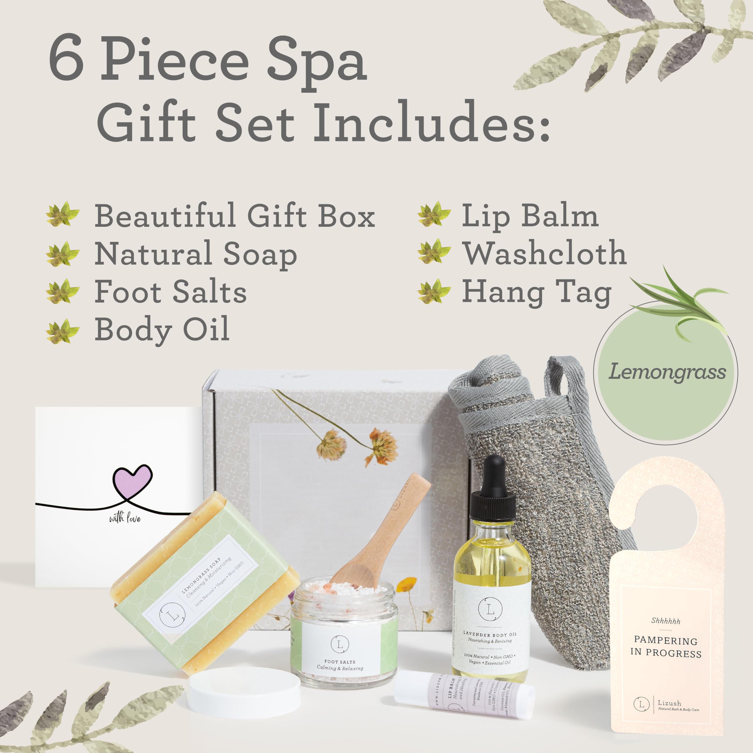 Lizush Lemongrass 6-Piece Spa Kit for Women - Relaxing Spa Box Gift Set - With Love Bath Self Care Gift Basket- Complete Luxury Handmade Spa Items for Body Care - Premium Relaxation Gifts for Women