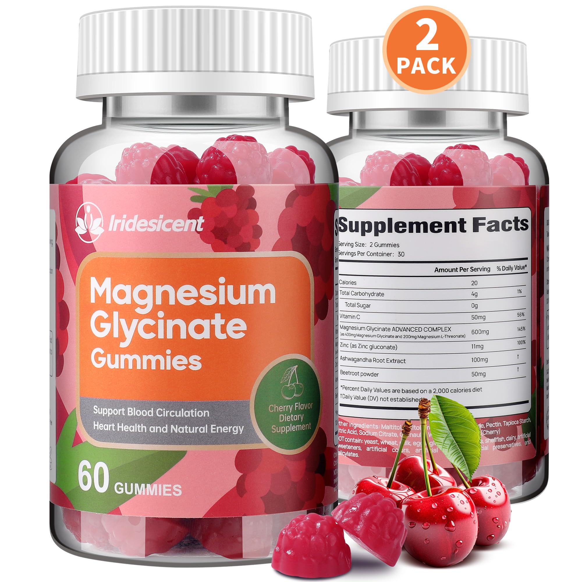 Magnesium Glycinate Gummies 400mg, Sugar Free Magnesium Supplement w/Magnesium L-Threonate 200mg, Ashwagandha, Zinc, Vegan Magnesium Glycinate Supplement for Adults - 120 Cherry Gummies