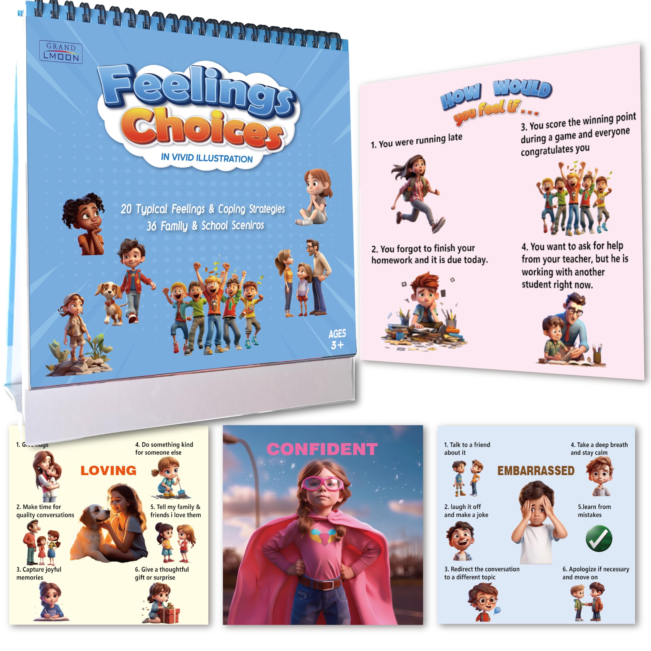 20 Typical Emotions Moods and 36 Family School Sceniros Coping Skills Emotional Intelligence Training Colorful Flipbook Chart Perfect for ADHD, Autism, and Therapists, Calm Down Corner(9" X 8")