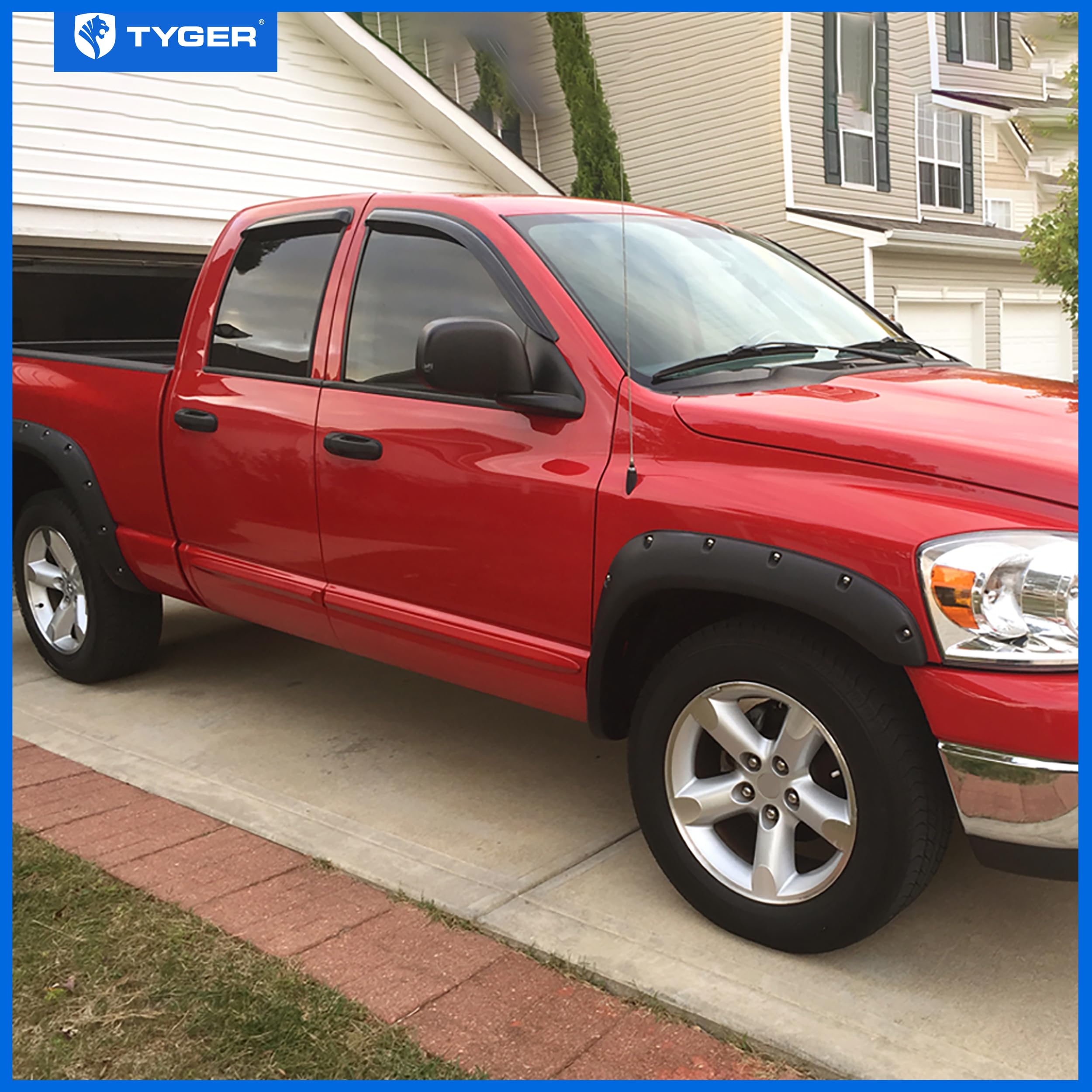 Tyger Auto Fender Flares Compatible with 2002-2008 Dodge Ram 1500; 2003-2009 2500 3500 (Not Fit 06-09 8ft Bed Models), Fine-Textured Paintable Bolt-Riveted Style 4pc | TG-FF8D4078