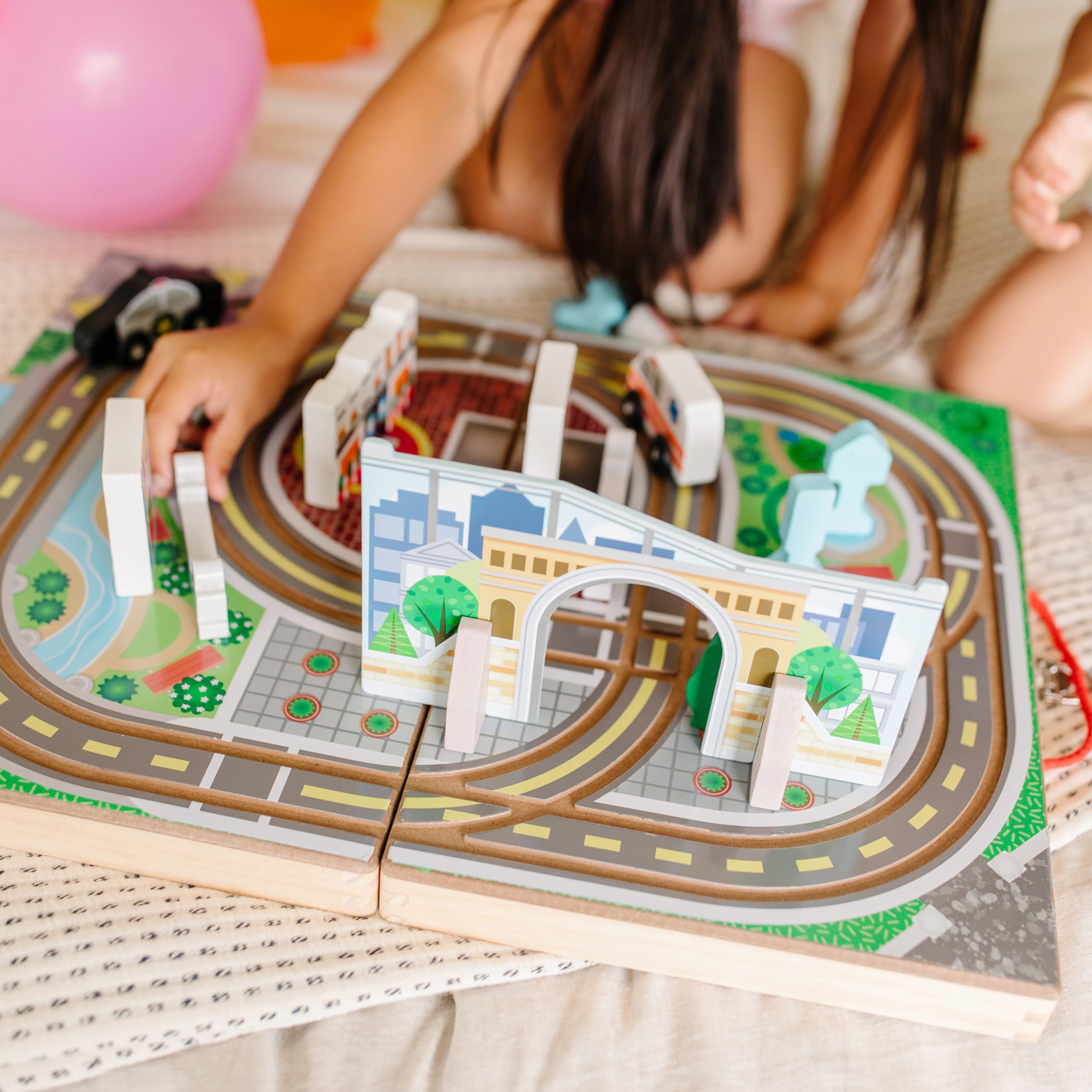 Melissa & Doug 18-Piece Wooden Take-Along Tabletop Town, 4 Rescue Vehicles, Play Pieces, Bridge , 15.4 x 11.0 x 2.6